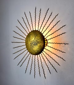 Brutalist Sun Wall Lamp, Metal and Gold Leaf, Italy, 1960