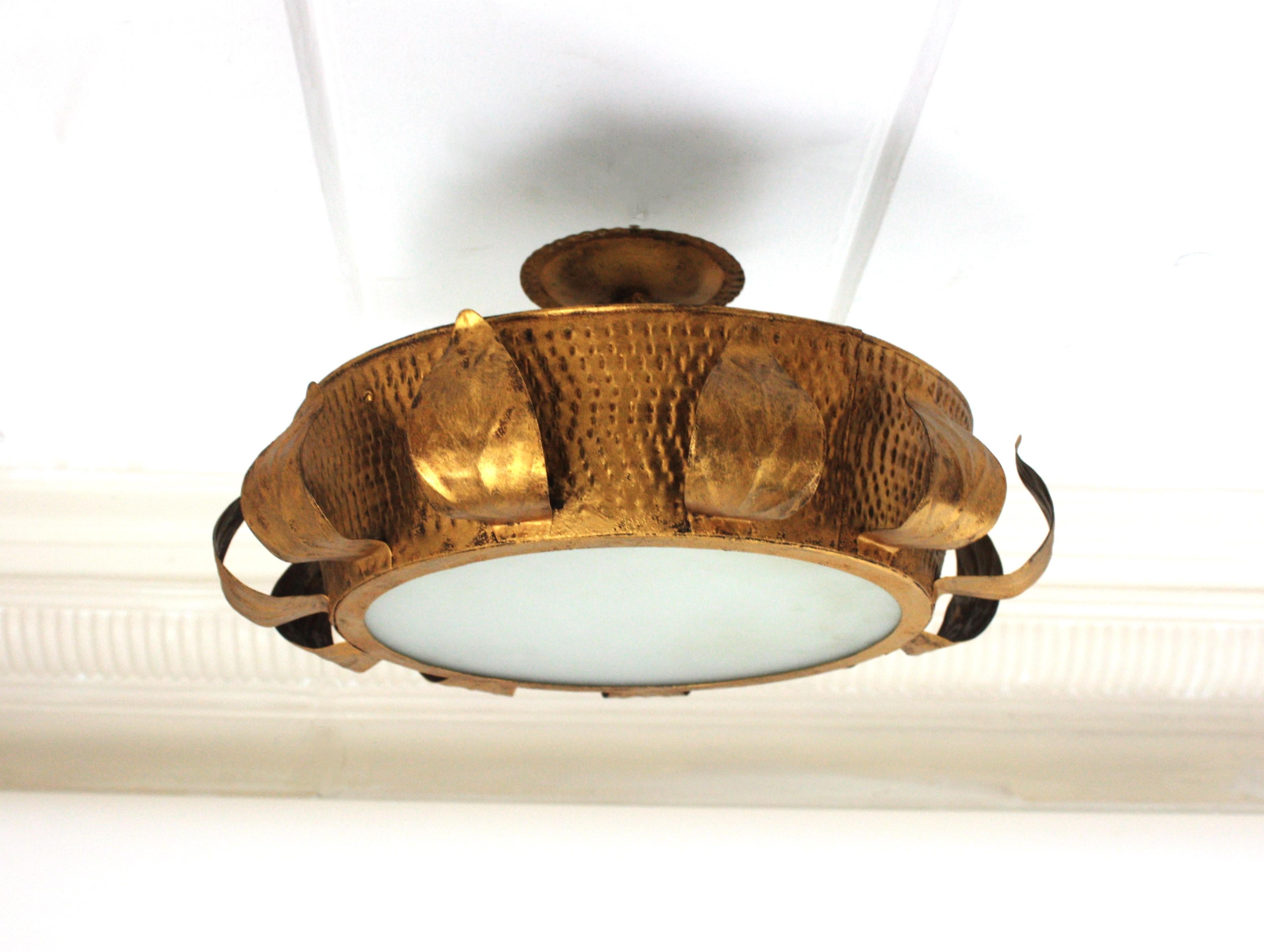 Brutalist Sunburst Crown Ceiling Flush Mount Light Fixture in Gilt Iron, 1950s For Sale 9