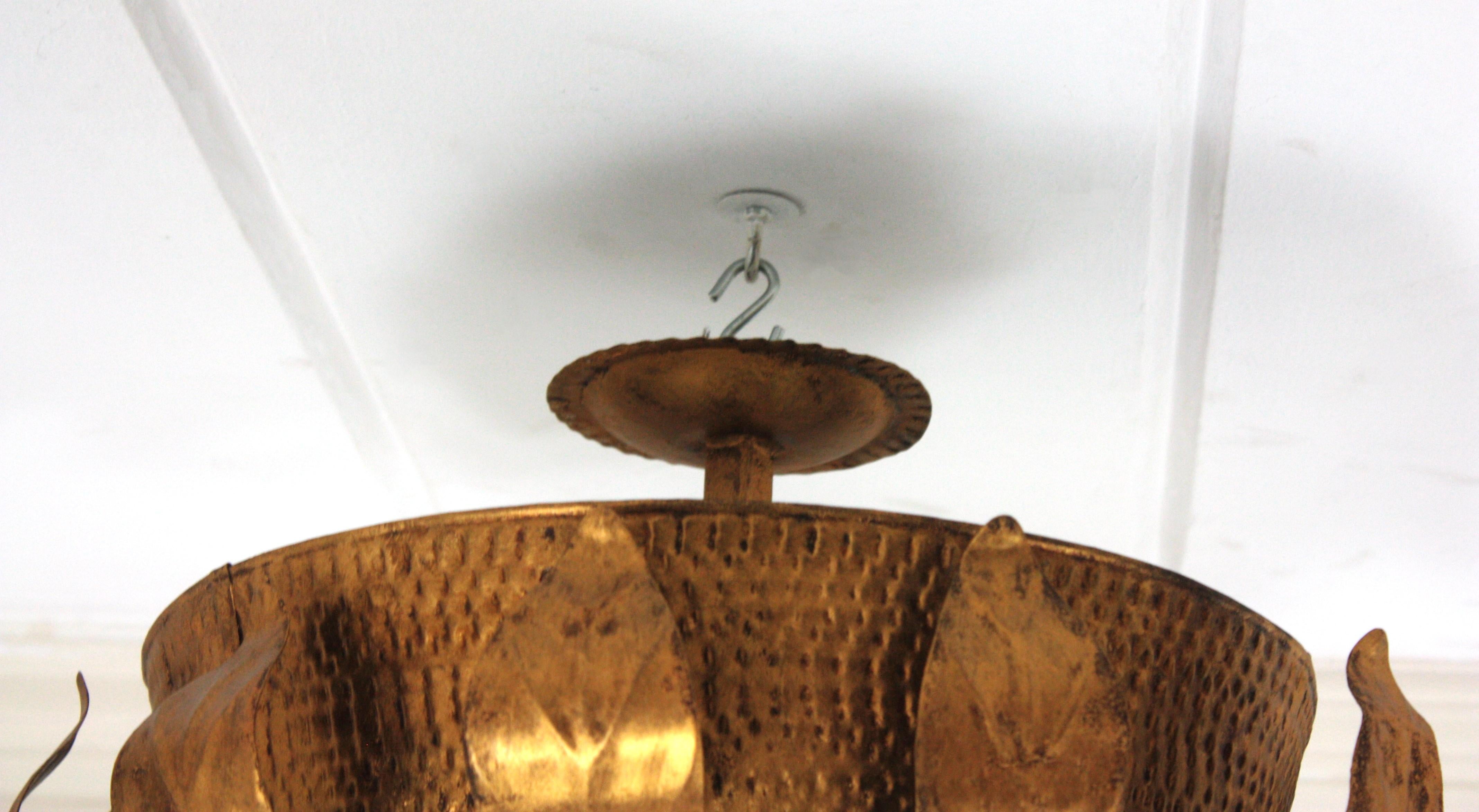 Brutalist Sunburst Crown Ceiling Flush Mount Light Fixture in Gilt Iron, 1950s For Sale 12