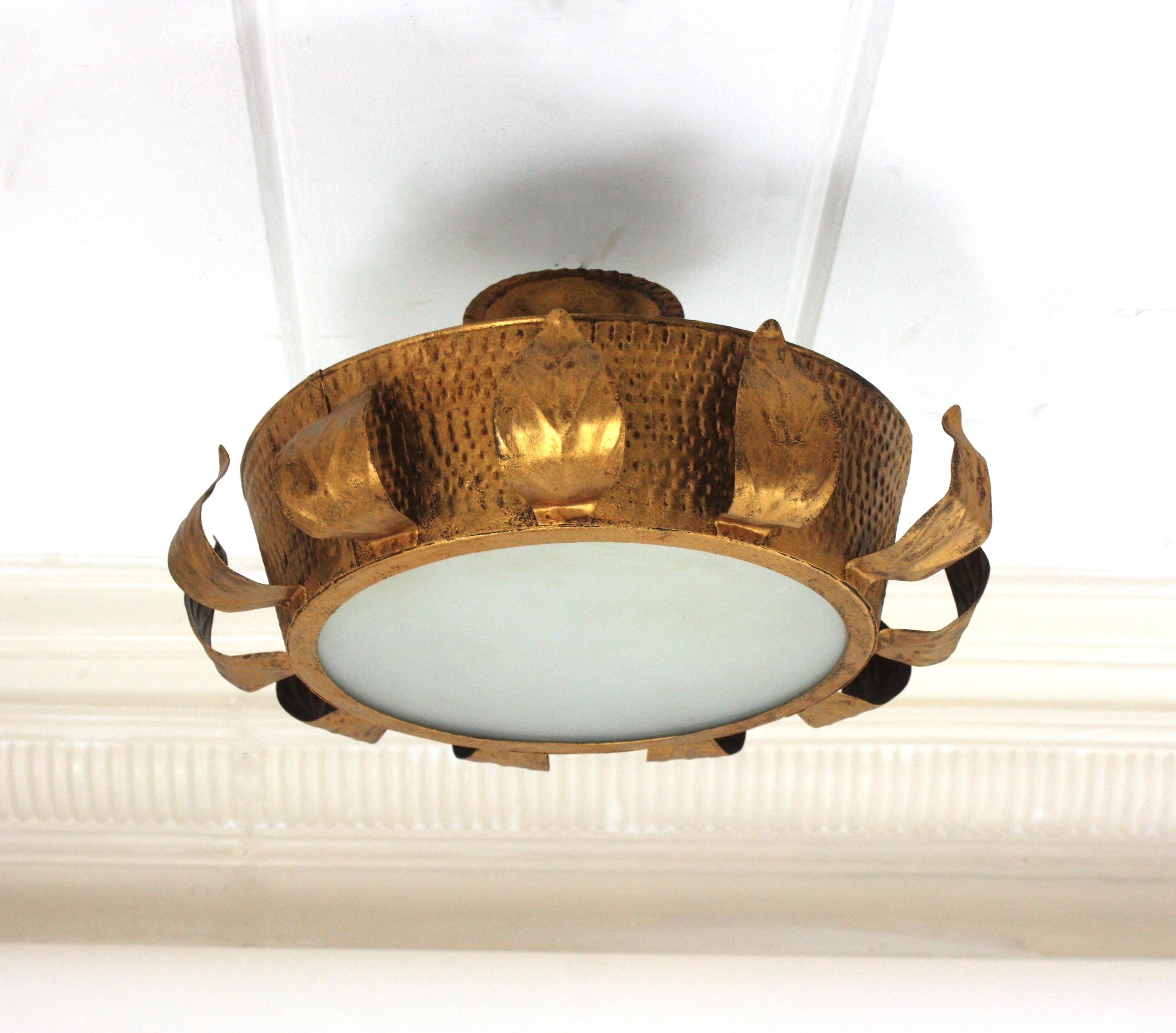 Spanish Brutalist Sunburst Crown Ceiling Flush Mount Light Fixture in Gilt Iron, 1950s For Sale