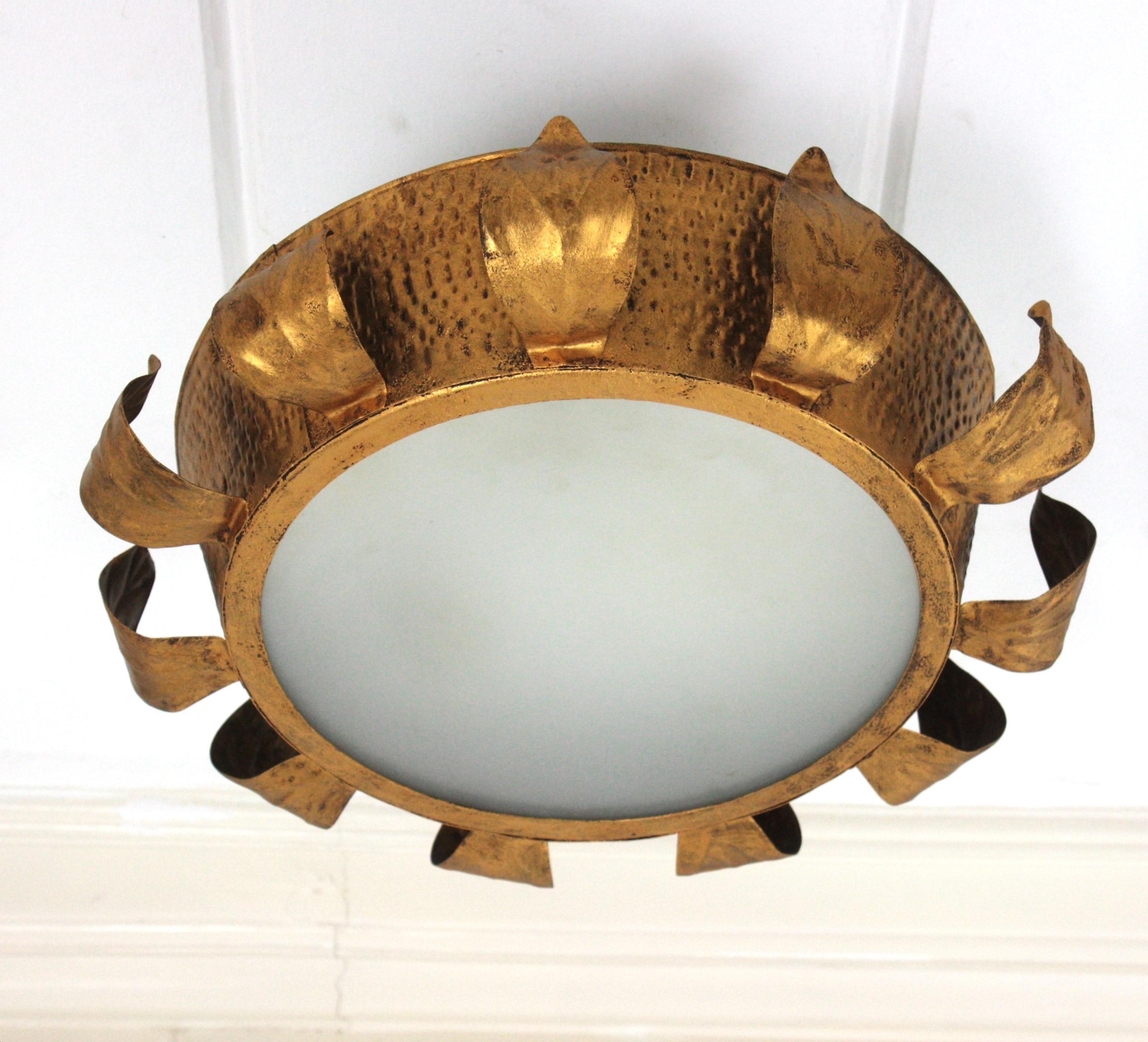 20th Century Brutalist Sunburst Crown Ceiling Flush Mount Light Fixture in Gilt Iron, 1950s For Sale