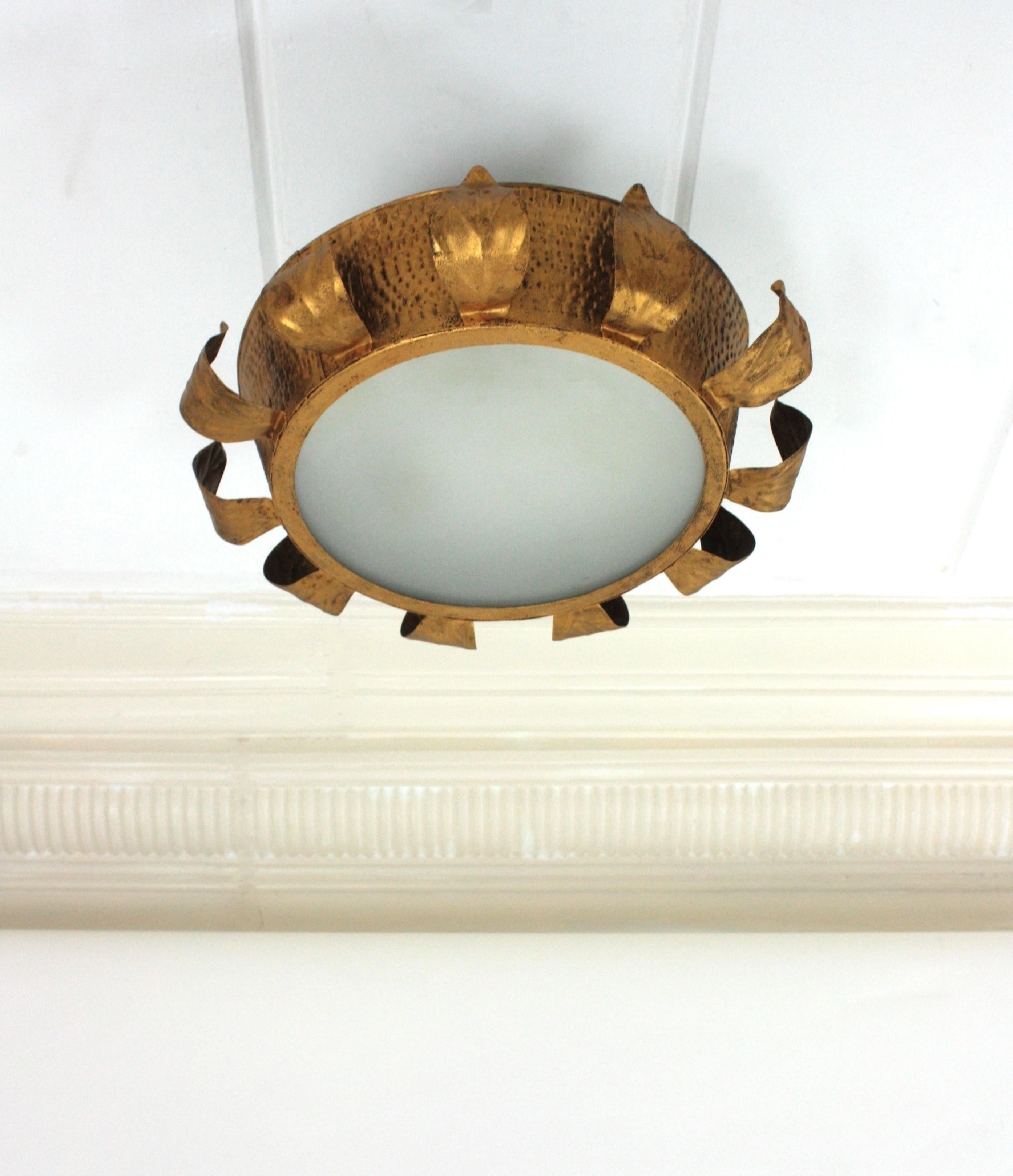 Metal Brutalist Sunburst Crown Ceiling Flush Mount Light Fixture in Gilt Iron, 1950s For Sale