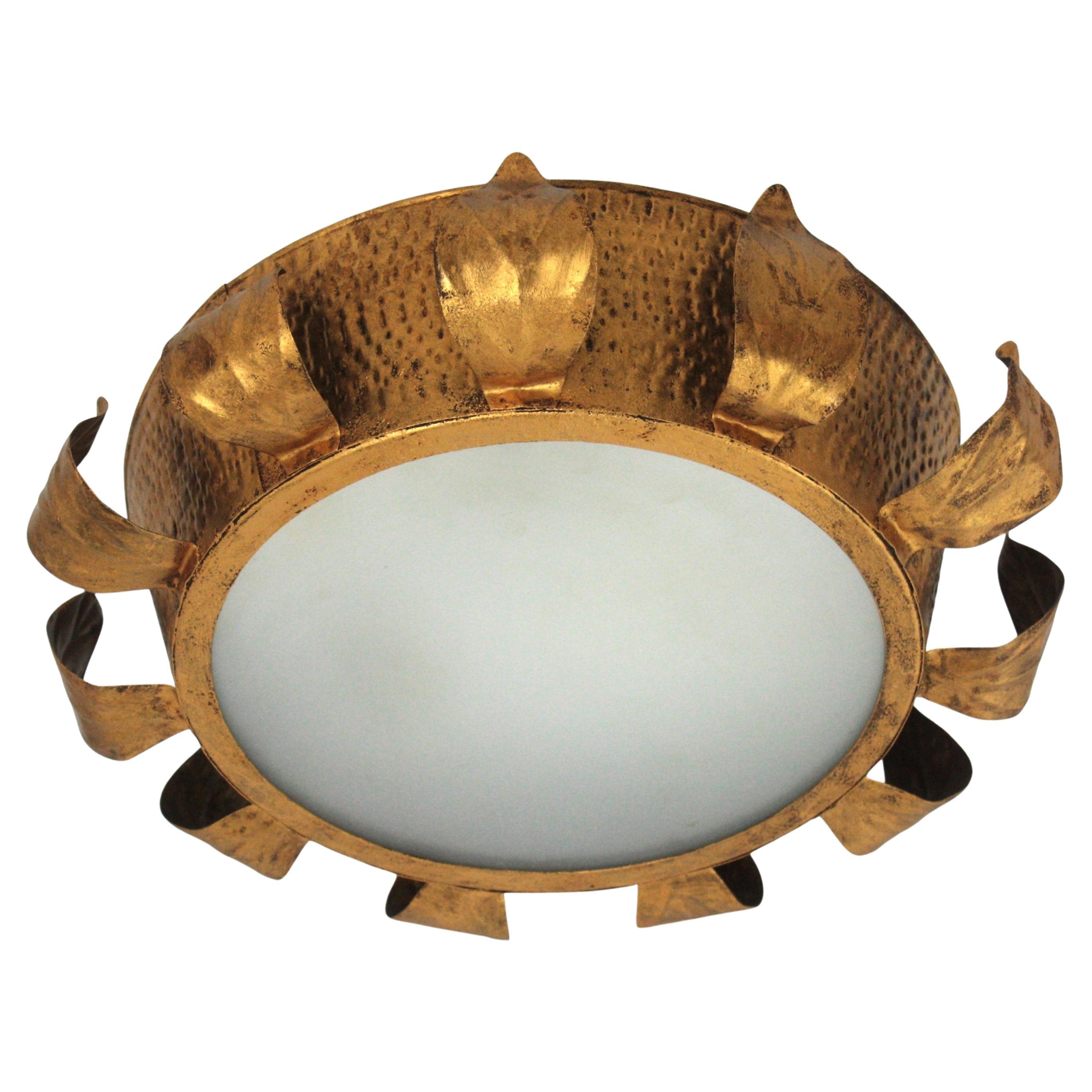 Brutalist Sunburst Crown Ceiling Flush Mount Light Fixture in Gilt Iron, 1950s For Sale