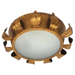 Brutalist Sunburst Crown Ceiling Flush Mount Light Fixture in Gilt Iron, 1950s