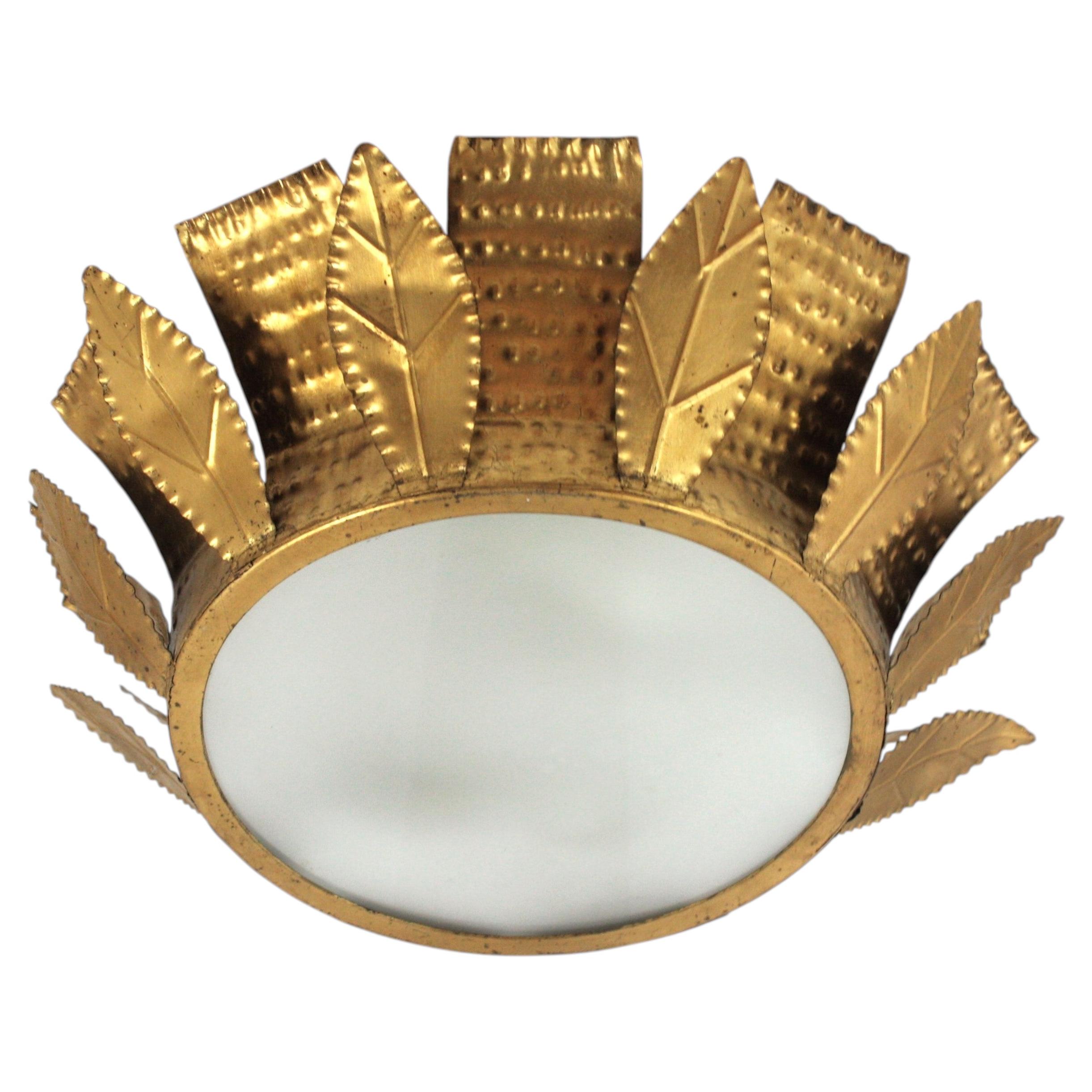 Brutalist Sunburst Crown Ceiling Light Fixture in Gilt Iron, Spain 1950s For Sale