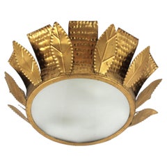 Brutalistische Deckenleuchte „Sunburst Crown“ aus vergoldetem Eisen, Spanien, 1950er Jahre