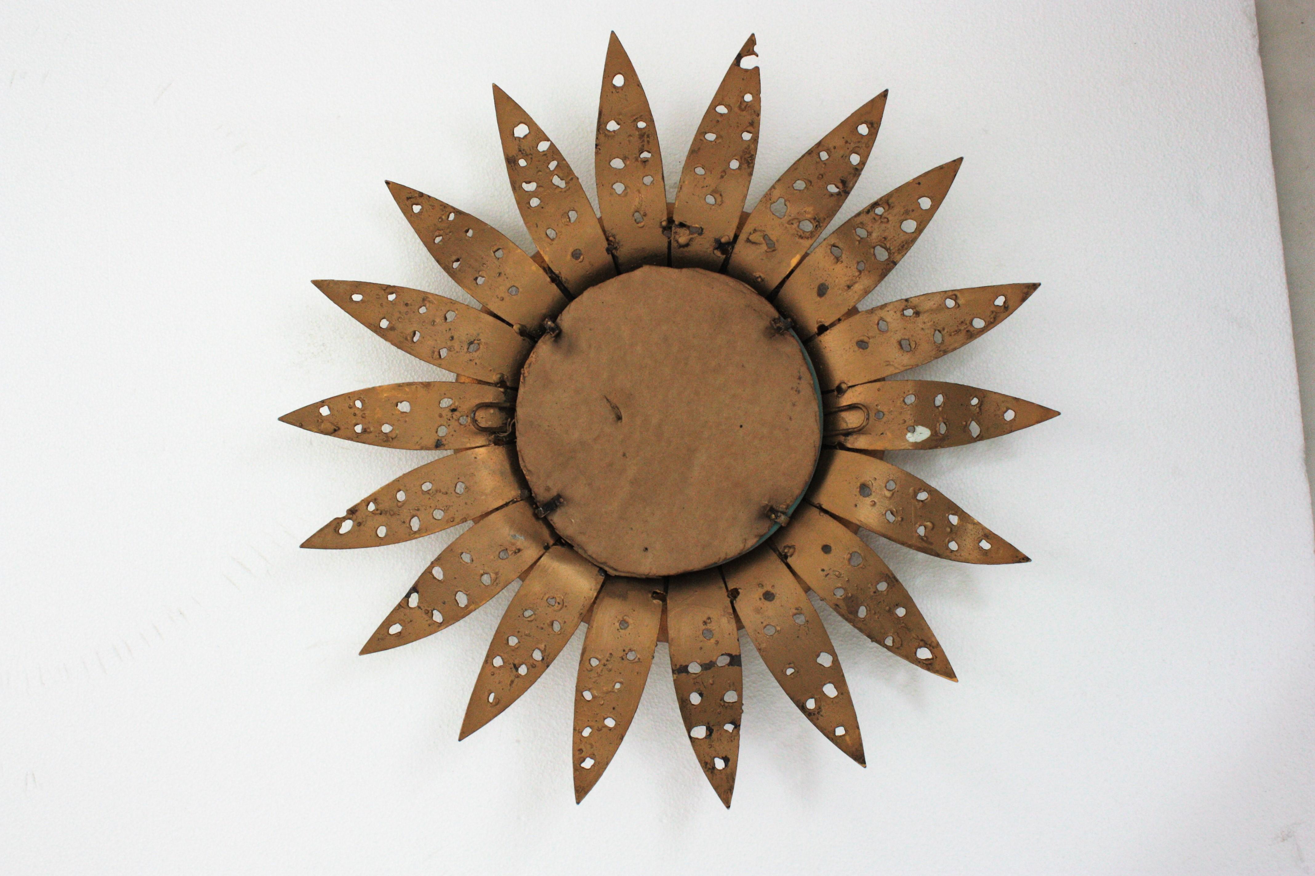 Sunburst Eyelash Perforated Brutalist Mirror in Gilt Iron, 1960s For Sale 4