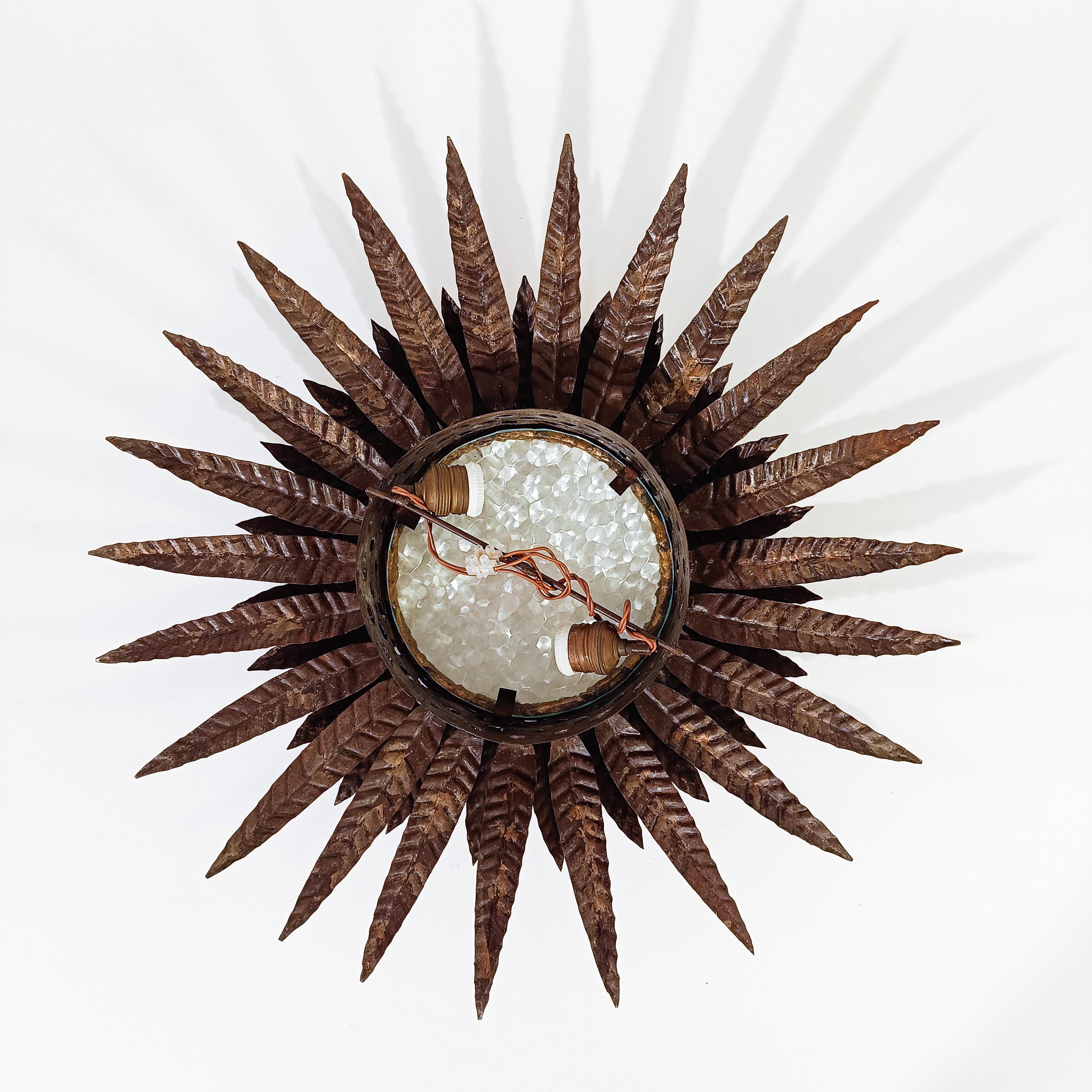 Brutalist Sunburst flush mount by Ferro Art, Spain, 1960s in vendita 4