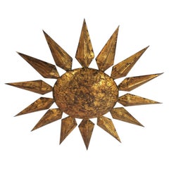 Brutalist Sunburst Flush Mount Light Fixture in Gilt Iron, France 1940s