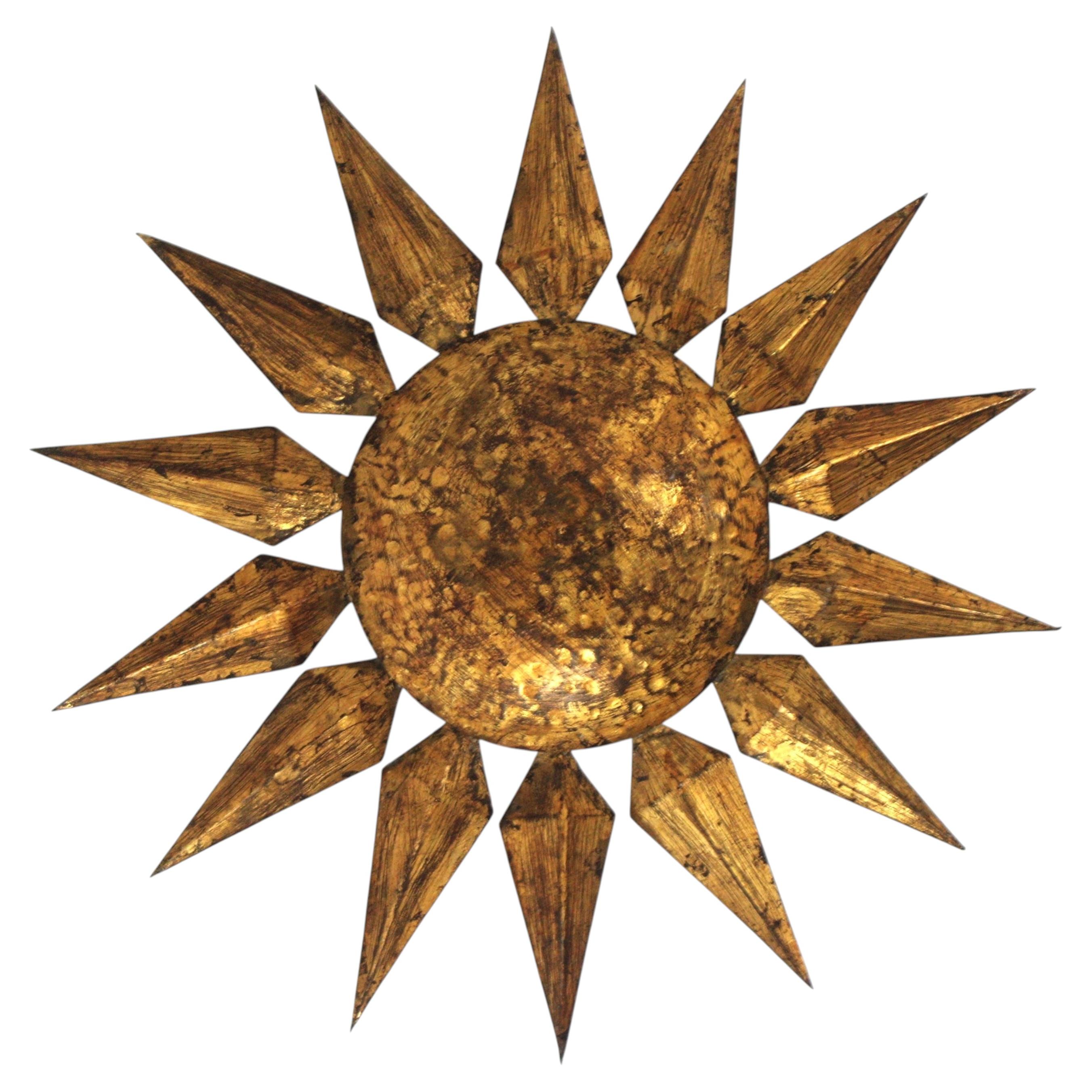Brutalist Sunburst Flush Mount Light Fixture in Gilt Iron, France 1940s