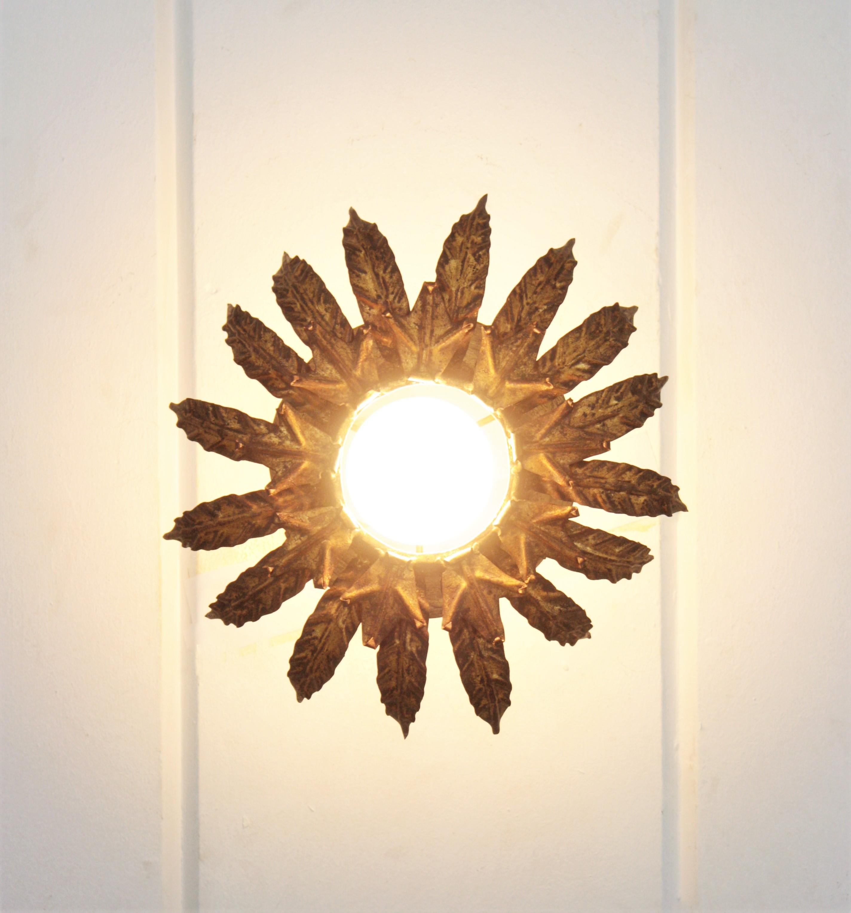 Sunburst Flower Light Fixture in Gilt Iron, 1950s For Sale 4