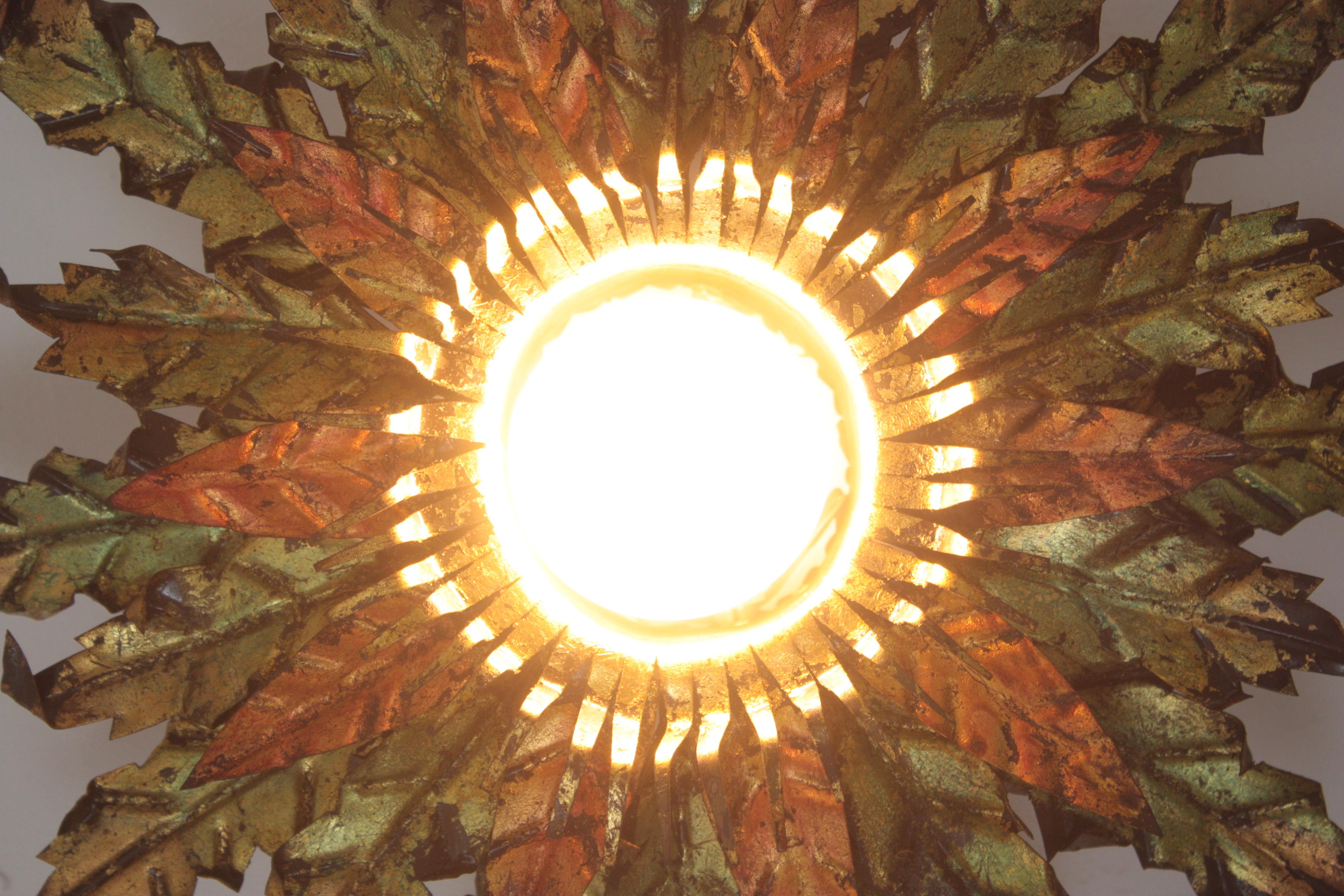 Brutalist Sunburst Foliage Light Fixture in Gilt Iron with Green & Red Accents For Sale 4