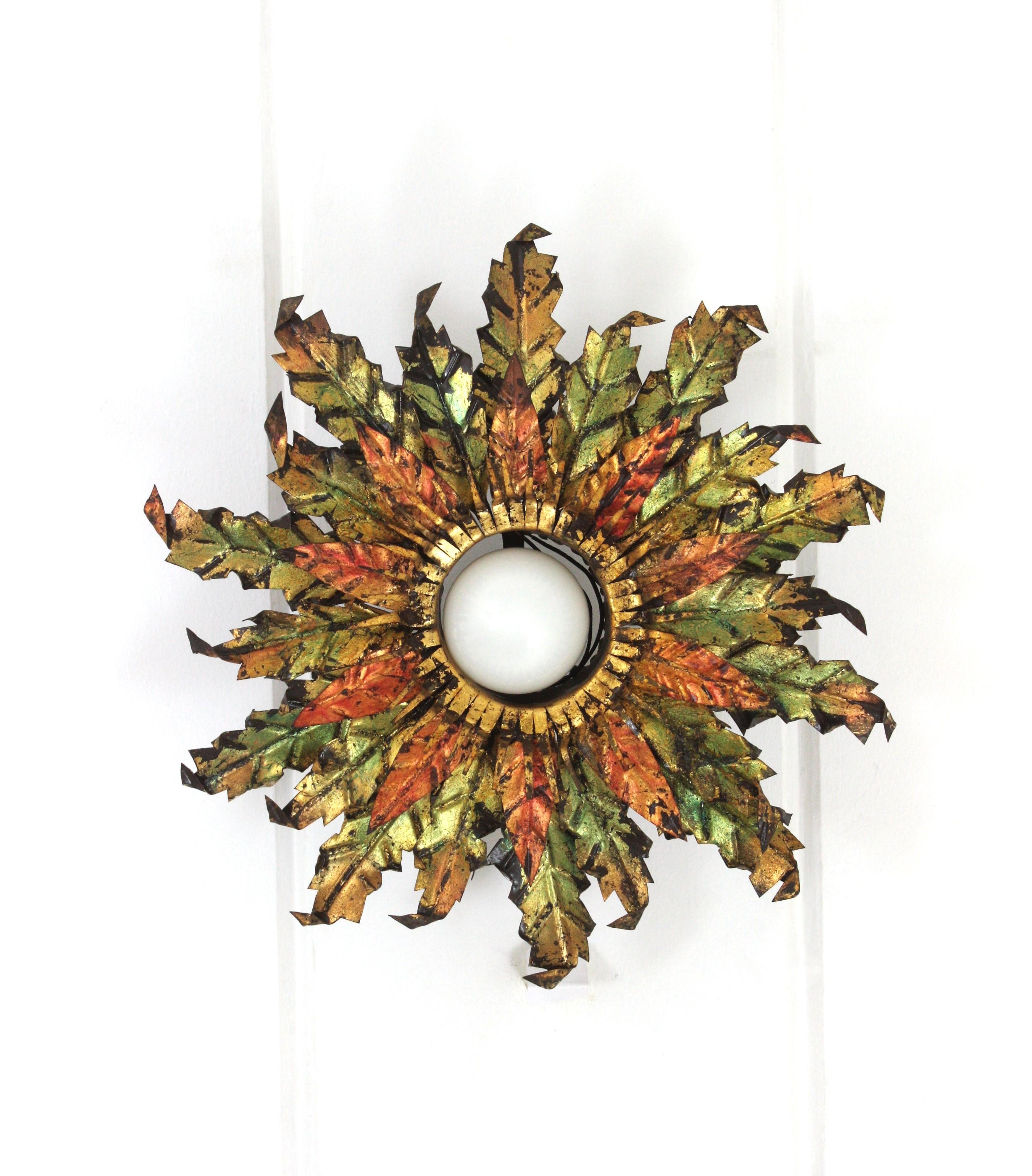 Brutalist Sunburst Foliage Light Fixture in Gilt Iron with Green & Red Accents For Sale 6