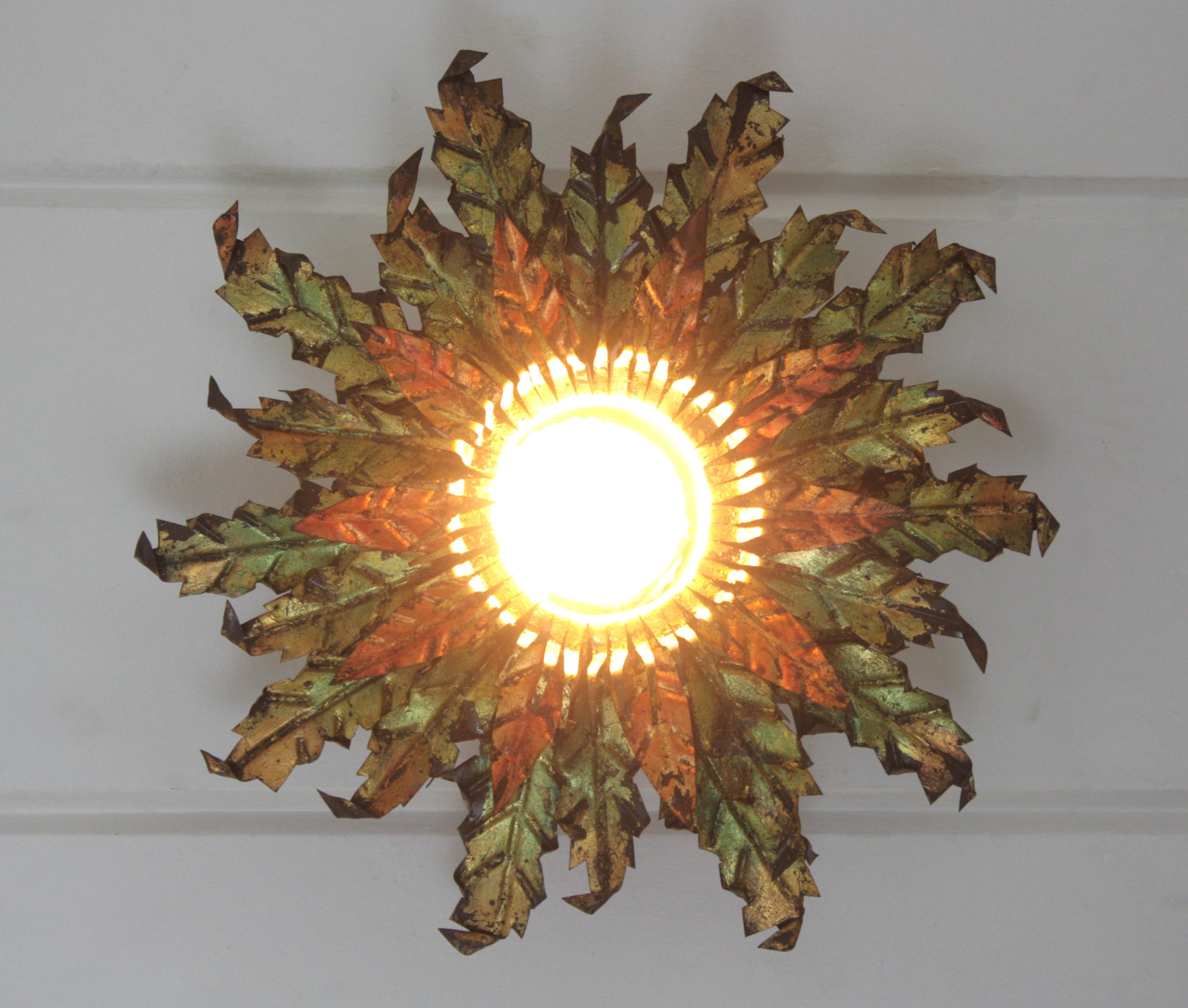 Brutalist Sunburst Foliage Light Fixture in Gilt Iron with Green & Red Accents For Sale 7