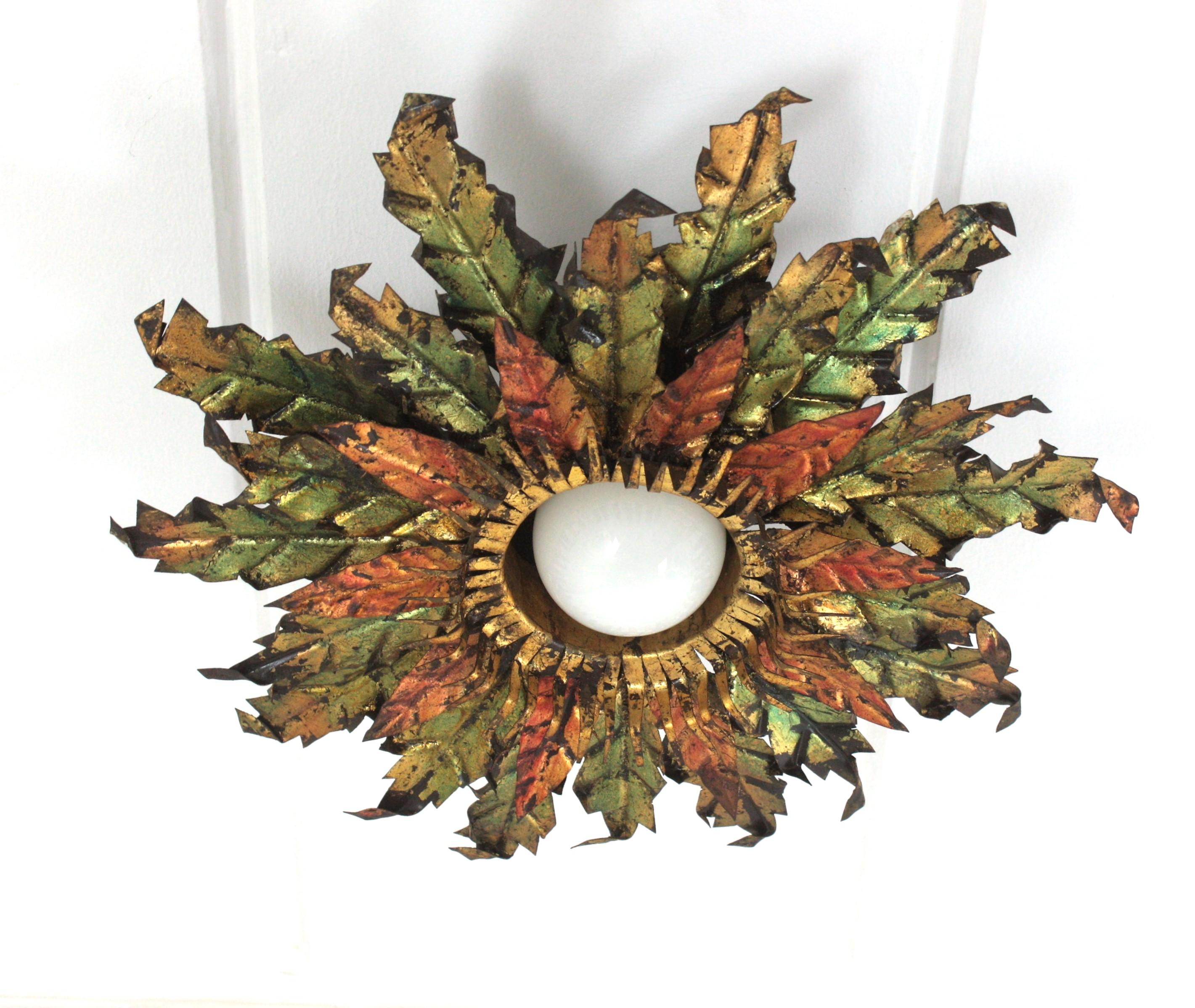 Brutalist Sunburst Foliage Light Fixture in Gilt Iron with Green & Red Accents For Sale 8