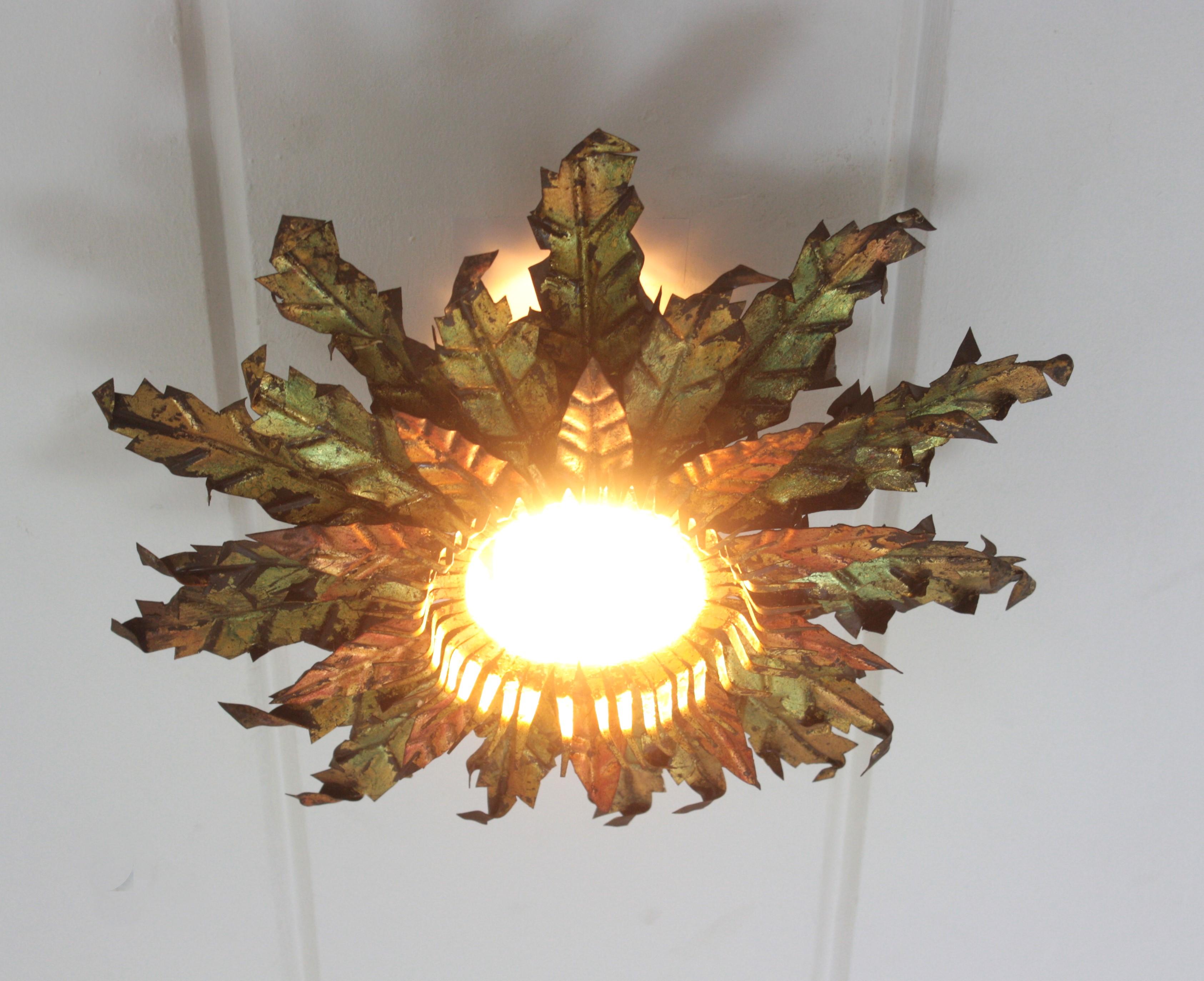 Brutalist Sunburst Foliage Light Fixture in Gilt Iron with Green & Red Accents For Sale 9