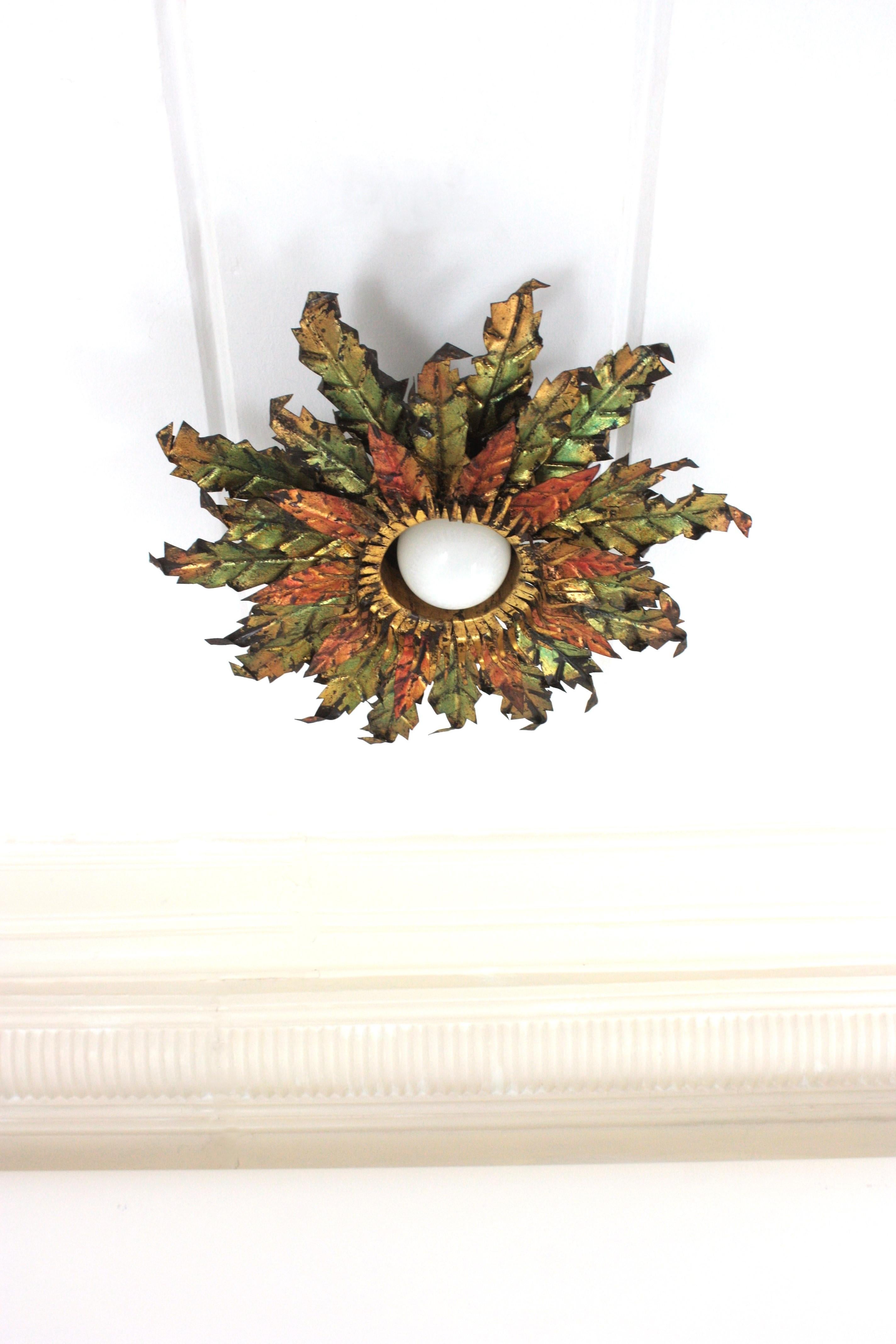 Brutalist Sunburst Foliage Light Fixture in Gilt Iron with Green & Red Accents For Sale 10