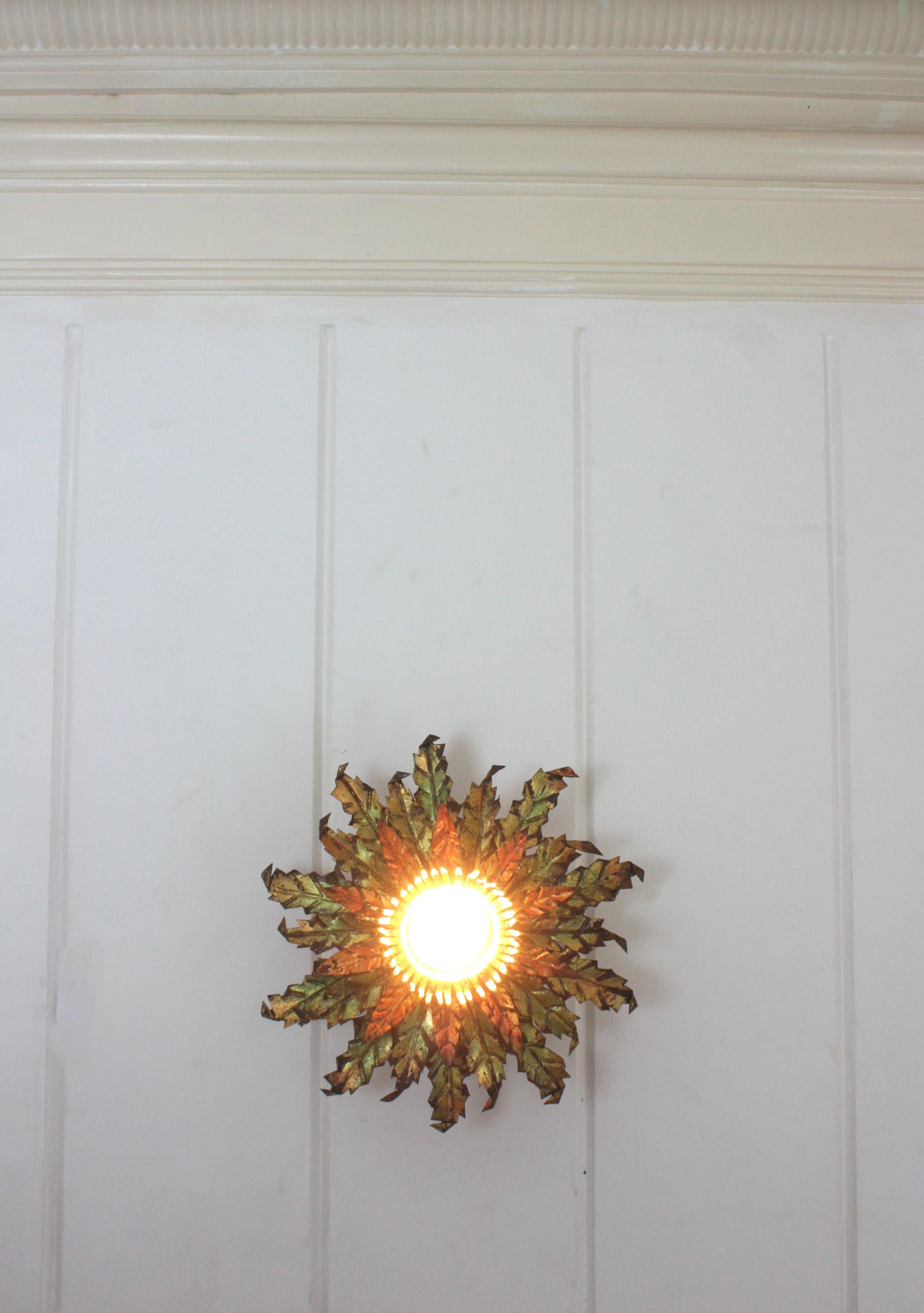 Brutalist Sunburst Foliage Light Fixture in Gilt Iron with Green & Red Accents For Sale 11