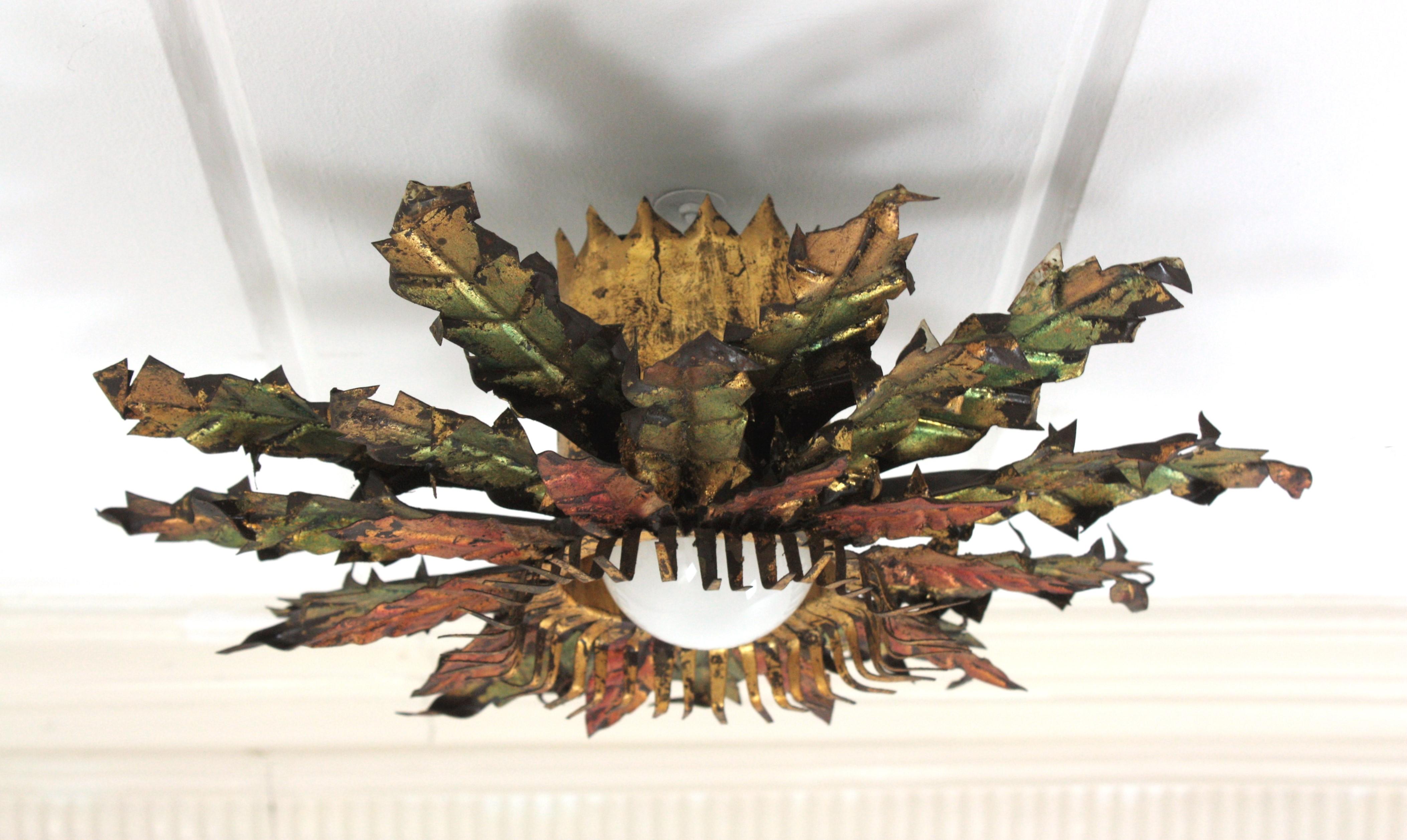 Brutalist Sunburst Foliage Light Fixture in Gilt Iron with Green & Red Accents For Sale 12