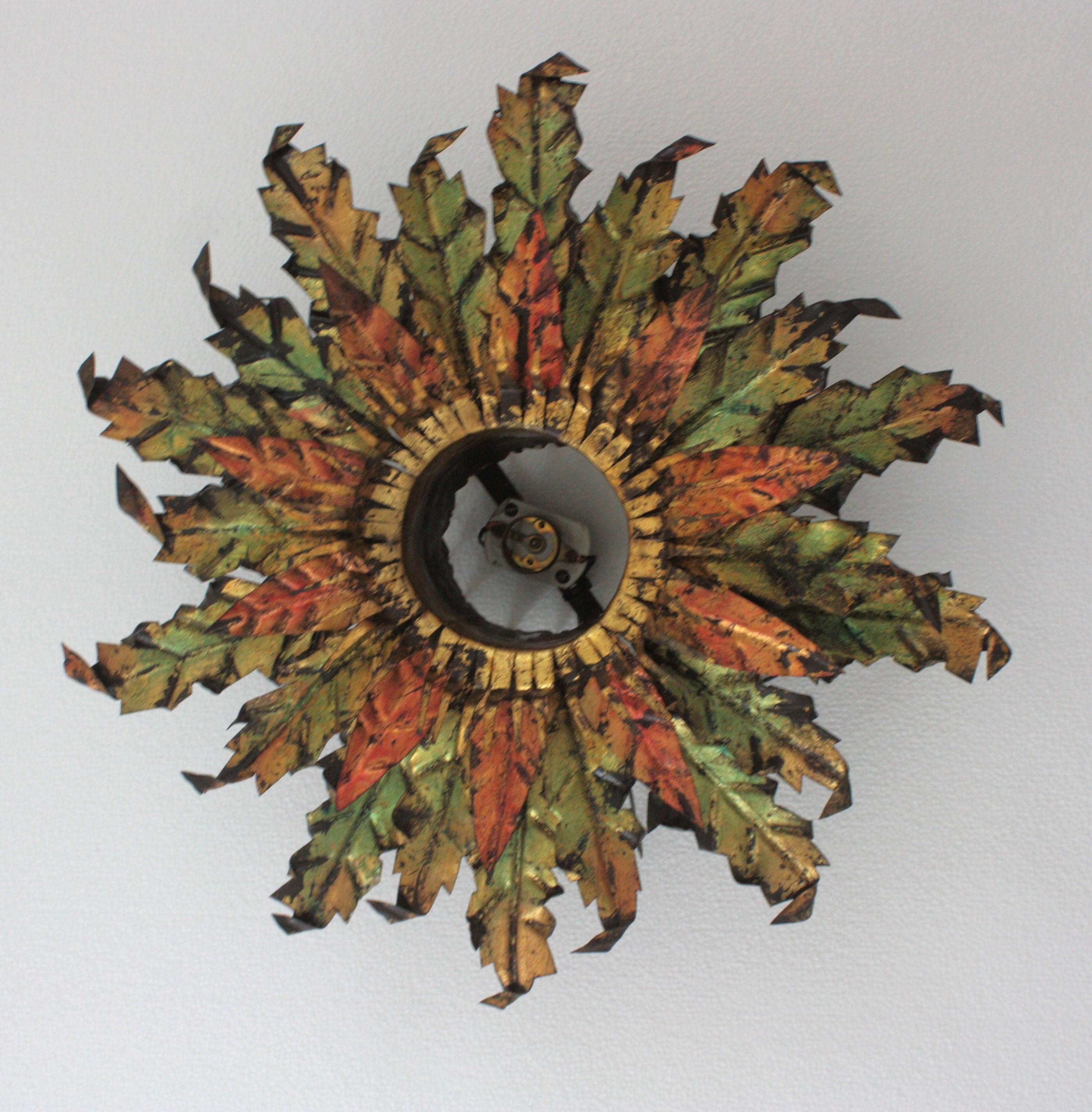 Brutalist Sunburst Foliage Light Fixture in Gilt Iron with Green & Red Accents For Sale 13