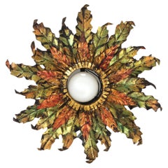 Brutalist Sunburst Foliage Light Fixture in Gilt Iron with Green & Red Accents