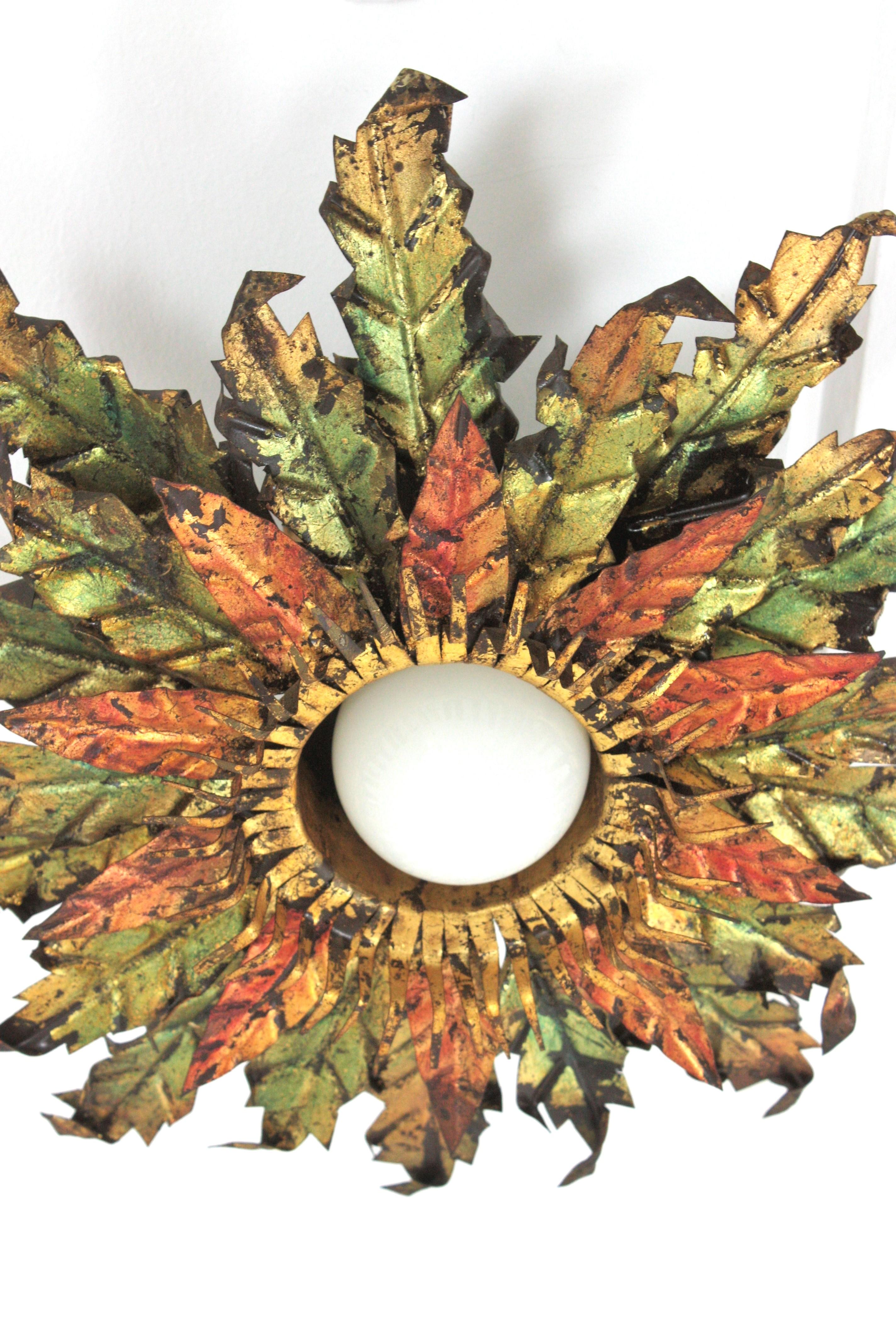 Brutalist Sunburst Foliage Light Fixture in Gilt Iron with Green & Red Accents For Sale 1