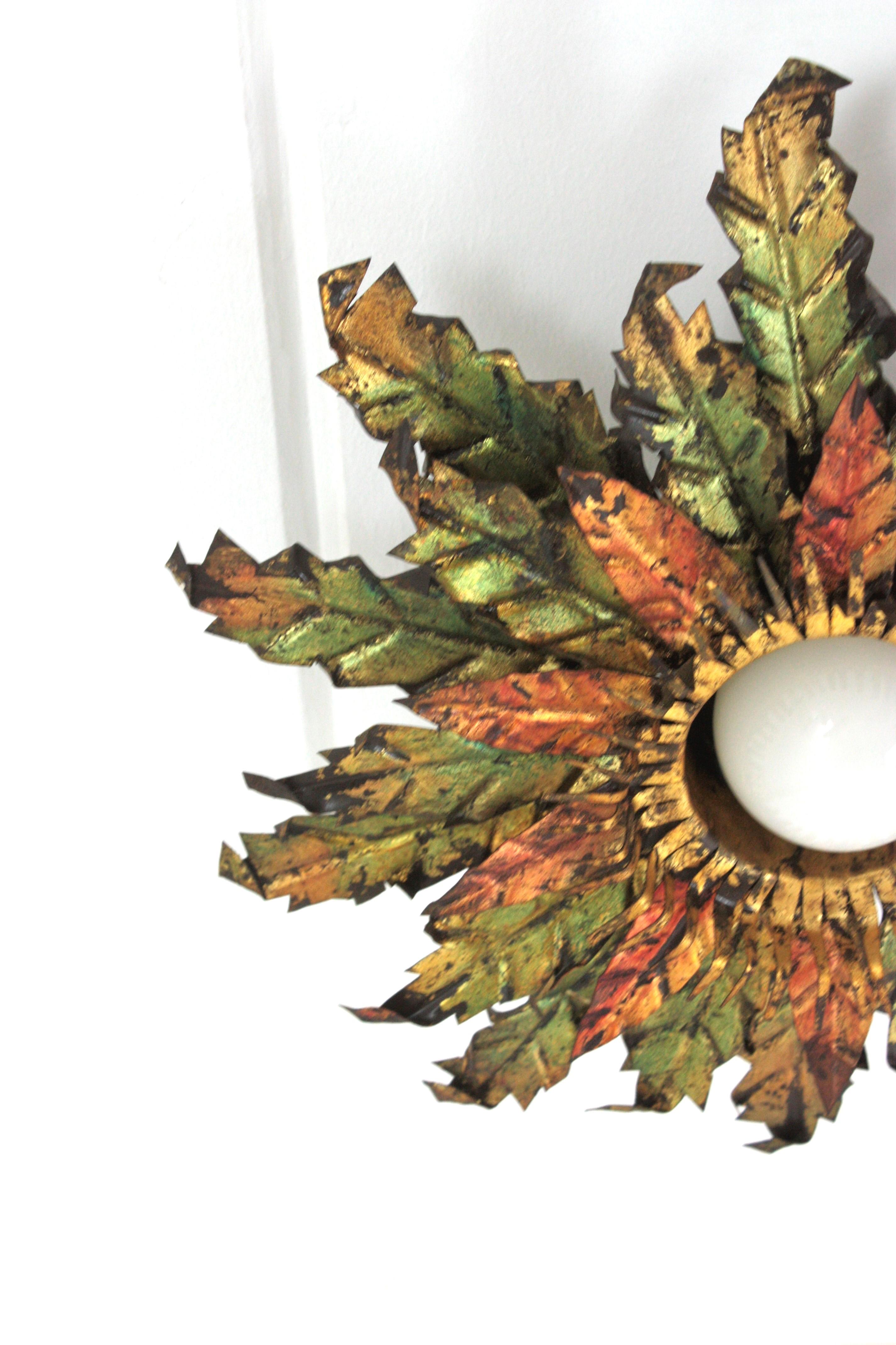 Brutalist Sunburst Foliage Light Fixture in Gilt Iron with Green & Red Accents For Sale 2