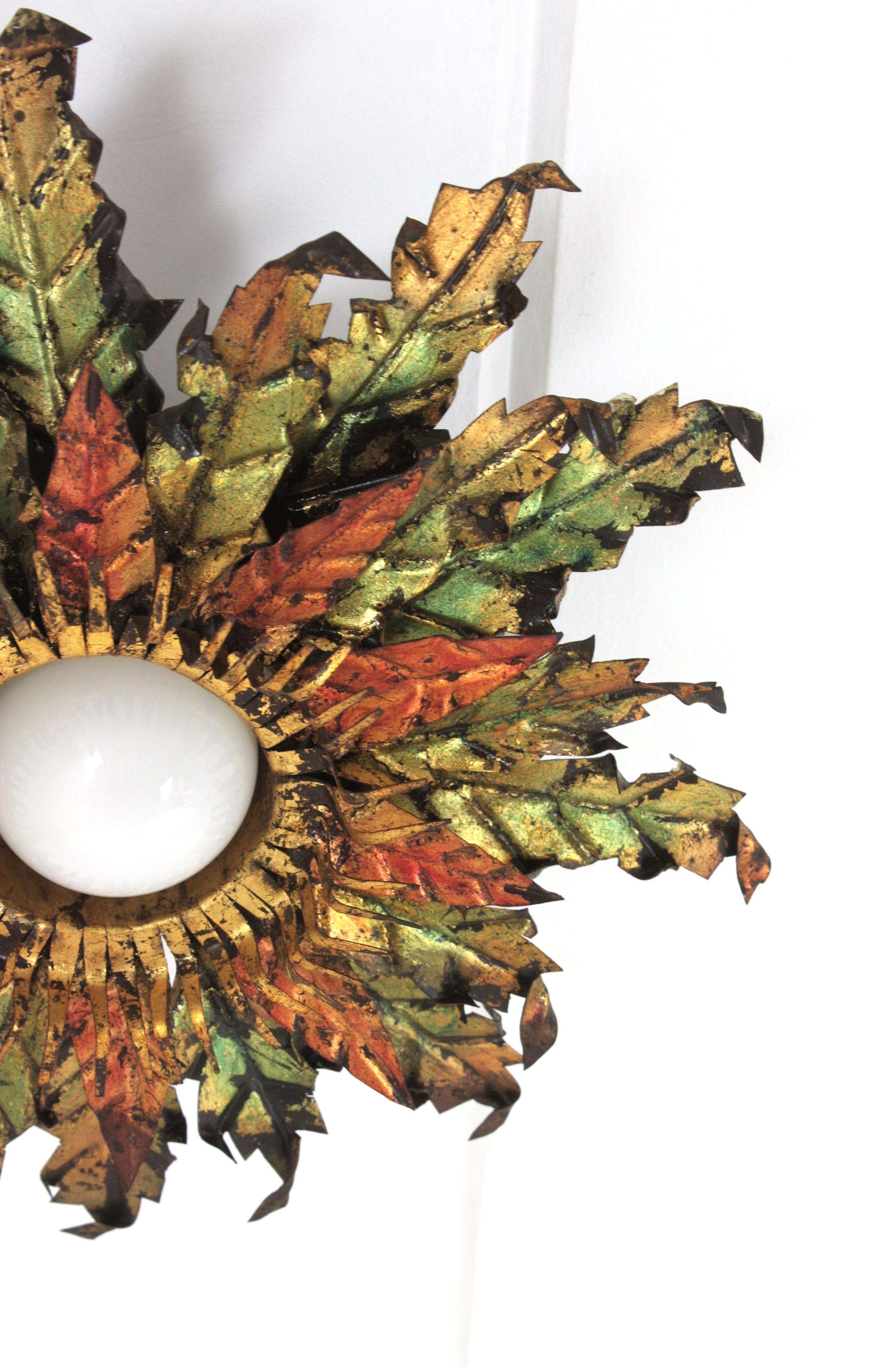 Brutalist Sunburst Foliage Light Fixture in Gilt Iron with Green & Red Accents For Sale 3