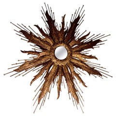 Brutalist Sunburst Handcrafted Art Metal Mirror Midcentury