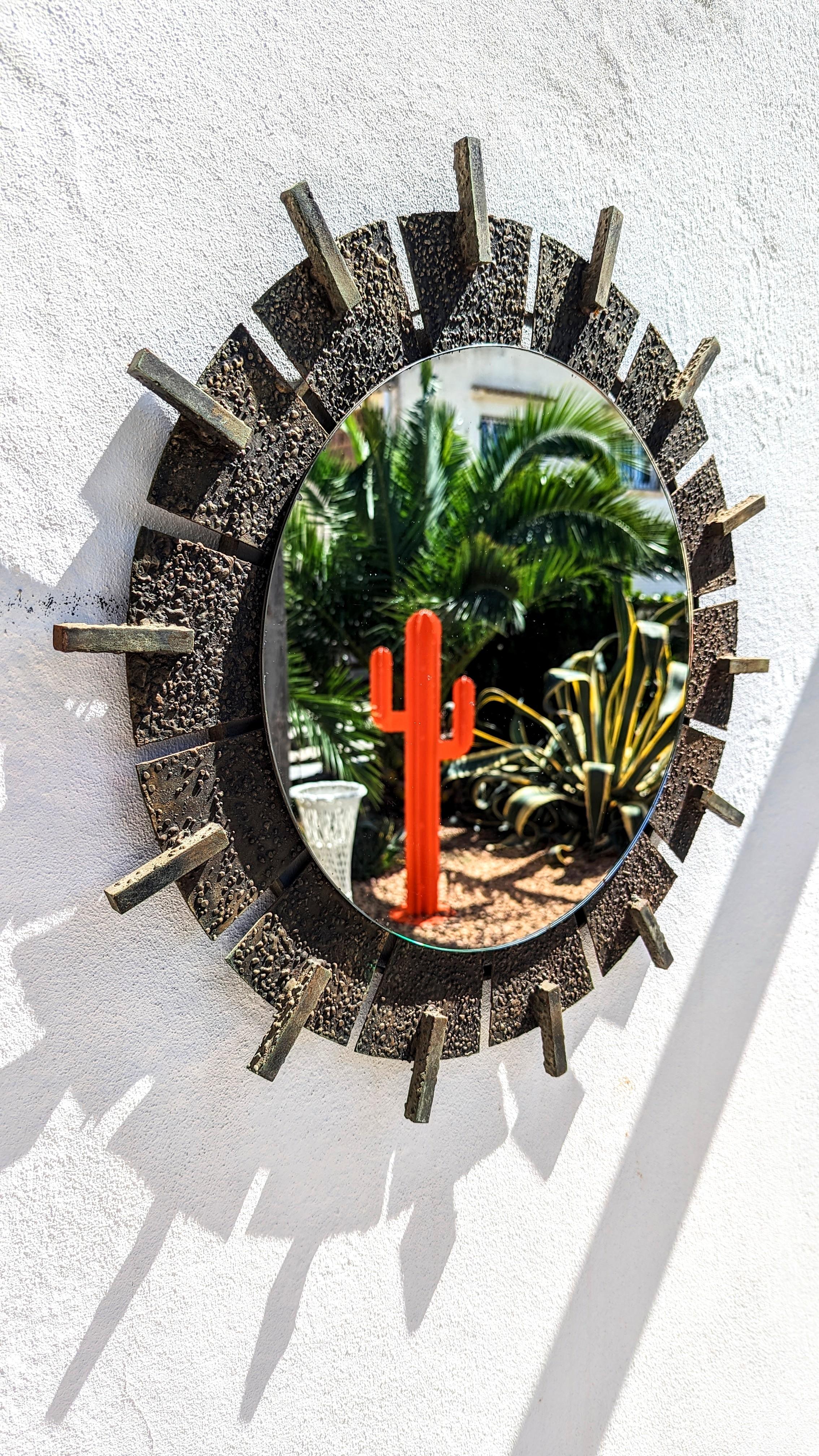 Spanish Brutalist Sunburst Iron Mirror, 1960s For Sale