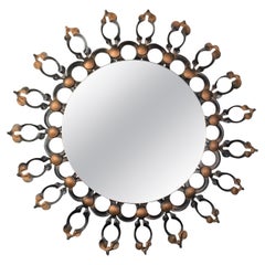 Brutalist Sunburst Mirror, Black Iron with Gold, 1960s