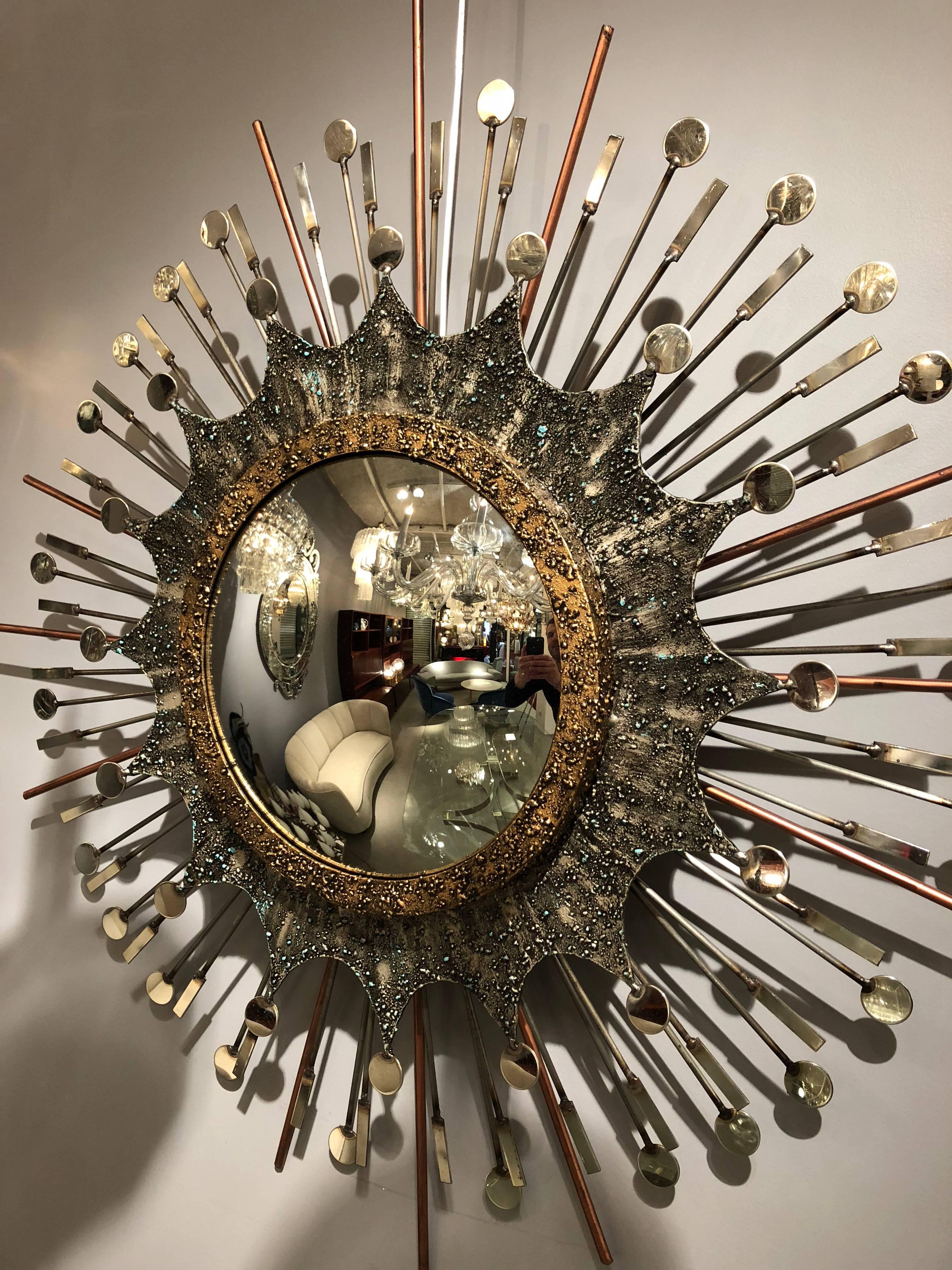 Stunning effect for this unique mirror handmade in France by Liger in exclusivity for Thomas Bonzom gallery. Patinated iron, stainless steel and copper are used in the composition. Signed, 1/1 comes with a certificate.