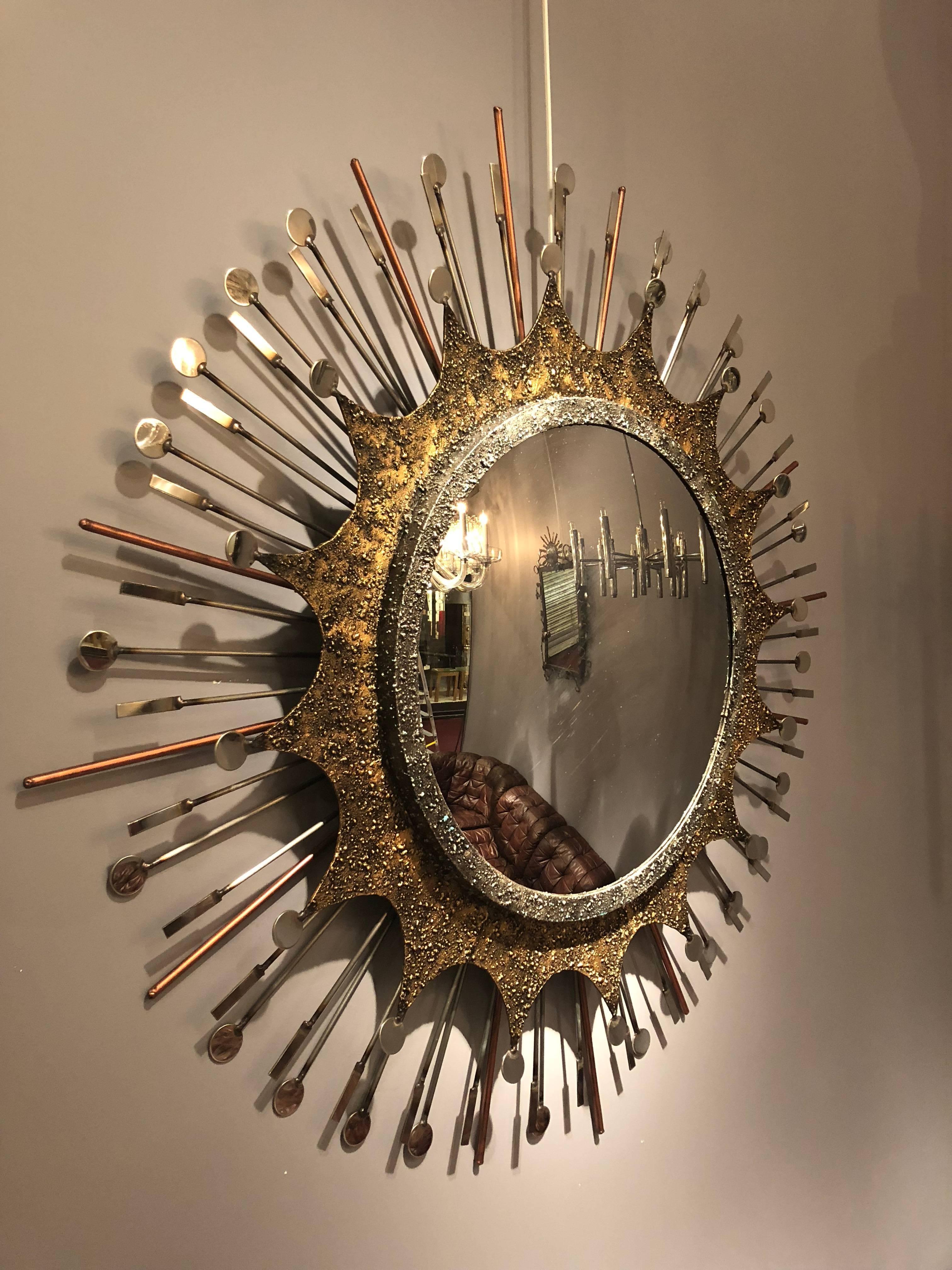Brutalist patinated steel and stainless steel mirror by the French artist Liger in exclusivity for the Gallery. Unique design in gold and silver patina. Comes with a certificate. 1/1