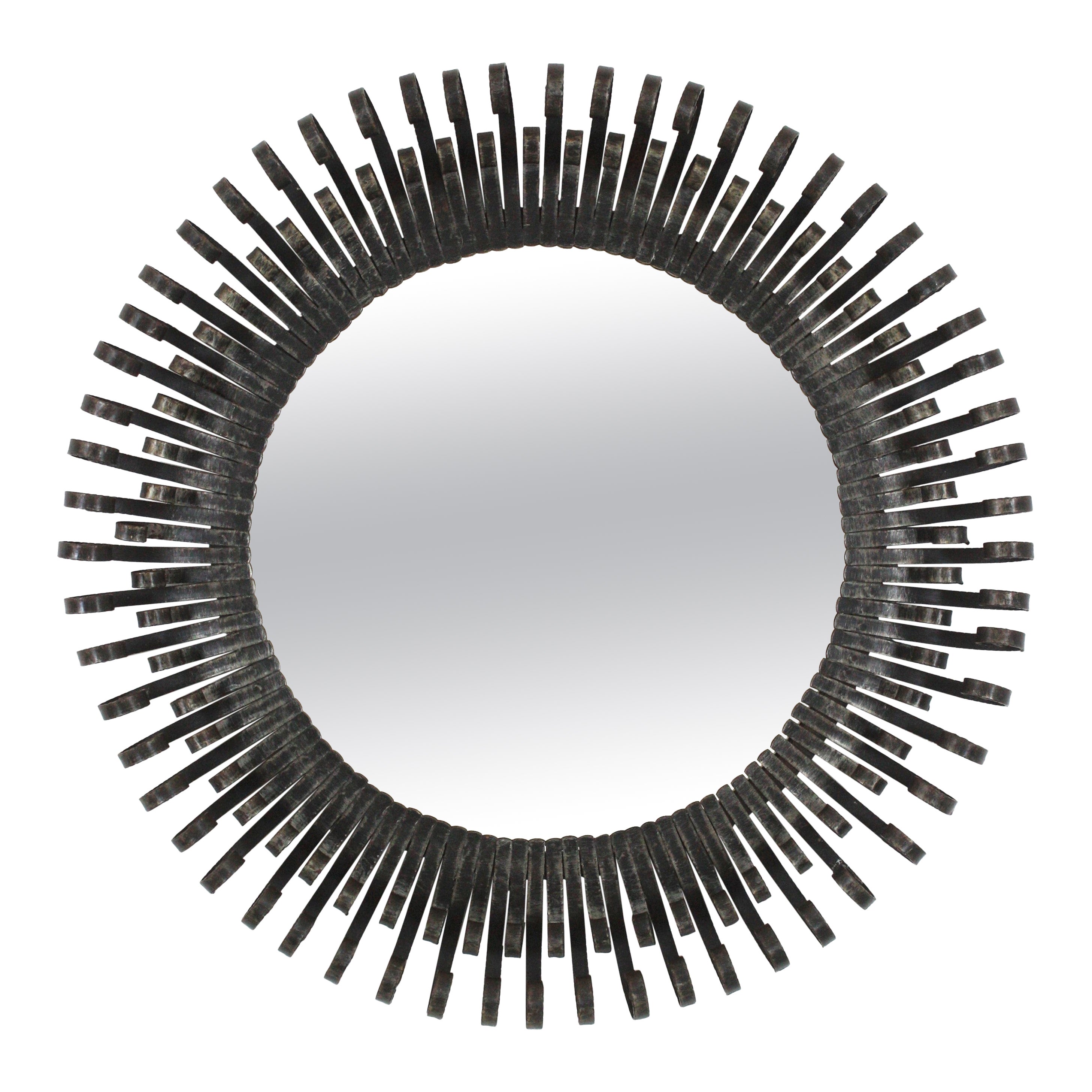 Brutalist Sunburst Mirror in Silver Patinated Wrought Iron, Eyelash Design, 1950