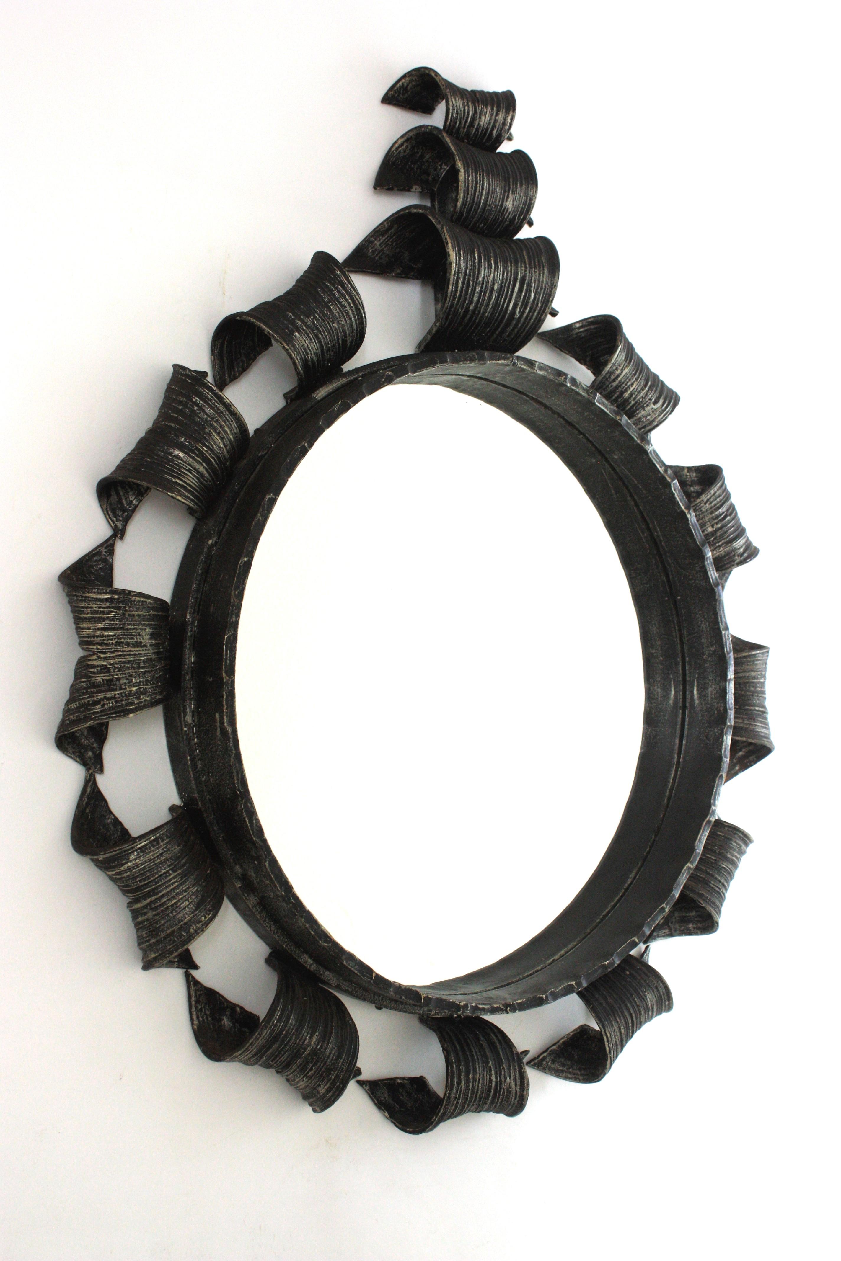 Spanish Brutalist Sunburst Mirror in Wrought Iron, Spain 1950 For Sale