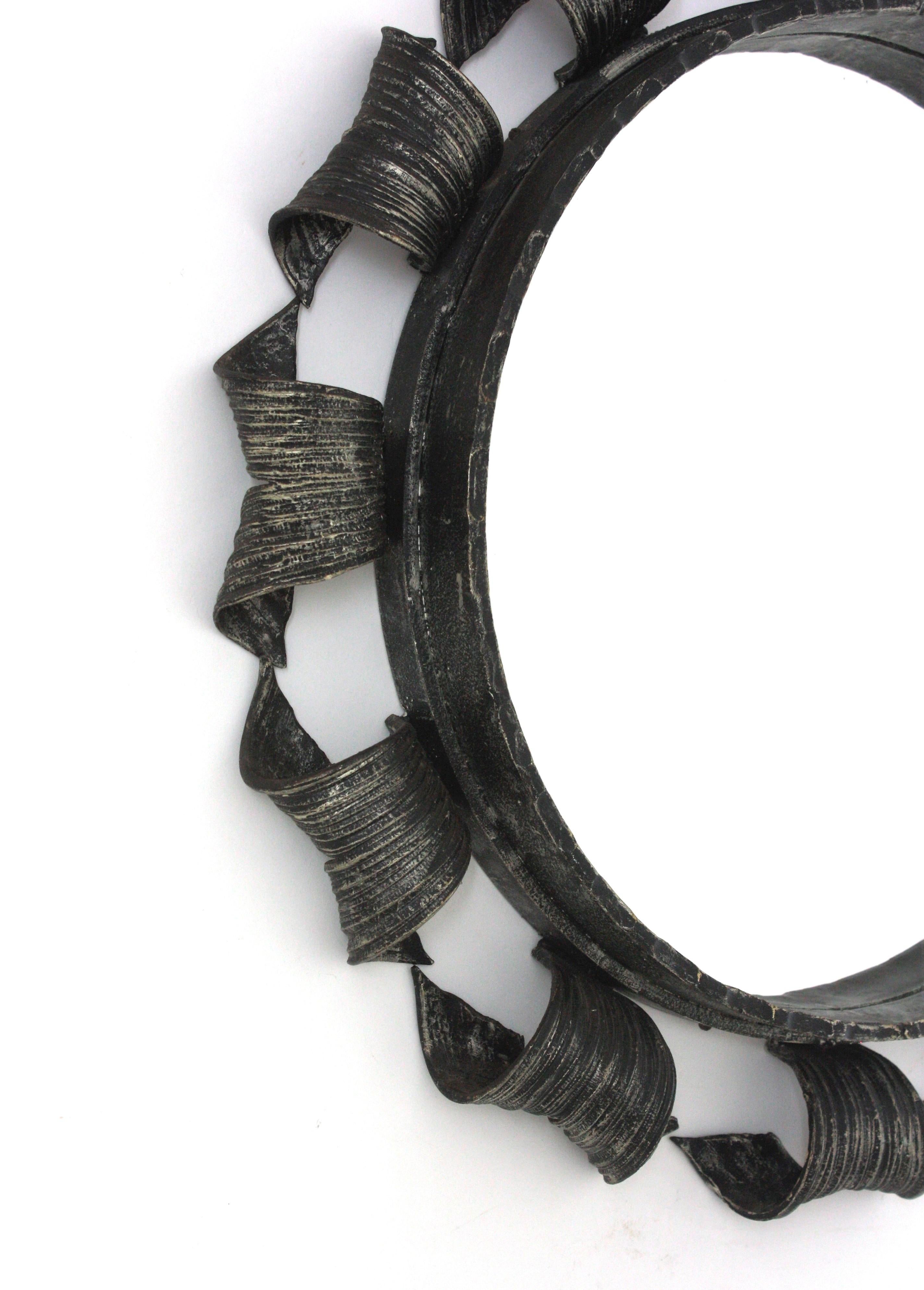 Forged Brutalist Sunburst Mirror in Wrought Iron, Spain 1950 For Sale