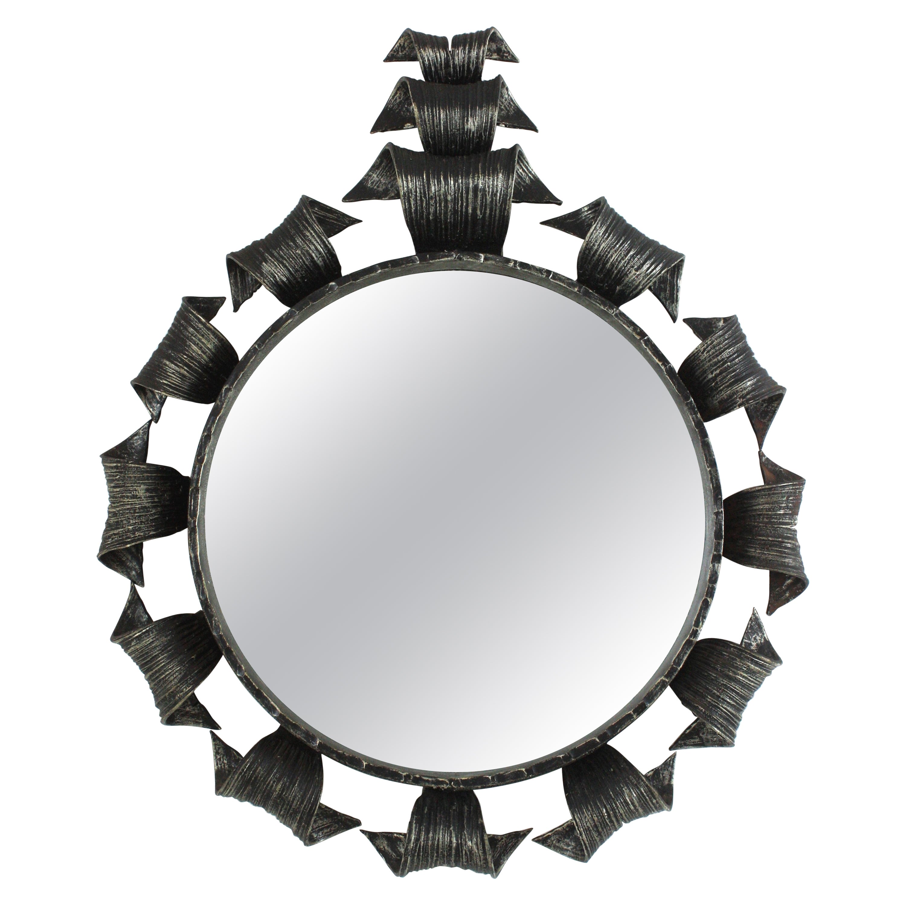 Brutalist Sunburst Mirror in Wrought Iron, Spain 1950 For Sale