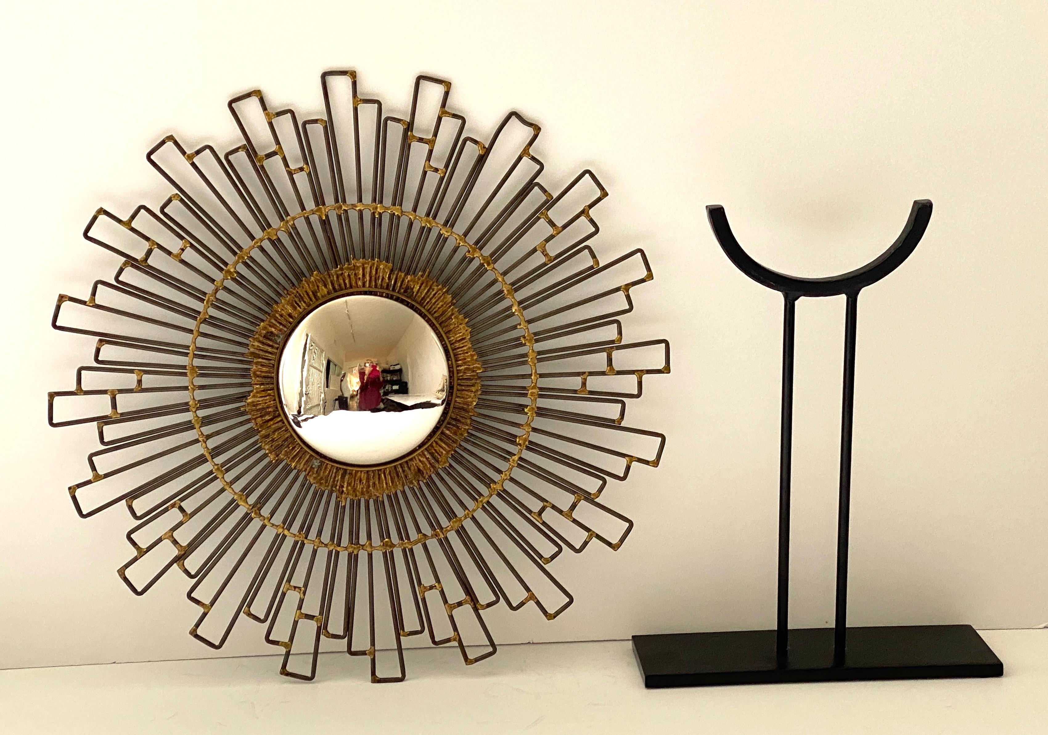 Mid-Century Modern Brutalist Sunburst Mirror on Stand For Sale