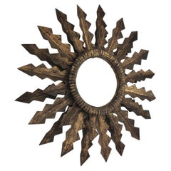 Brutalist Sunburst Mirror with Double Layered Jagged Frame in Gilt Wrought Iron