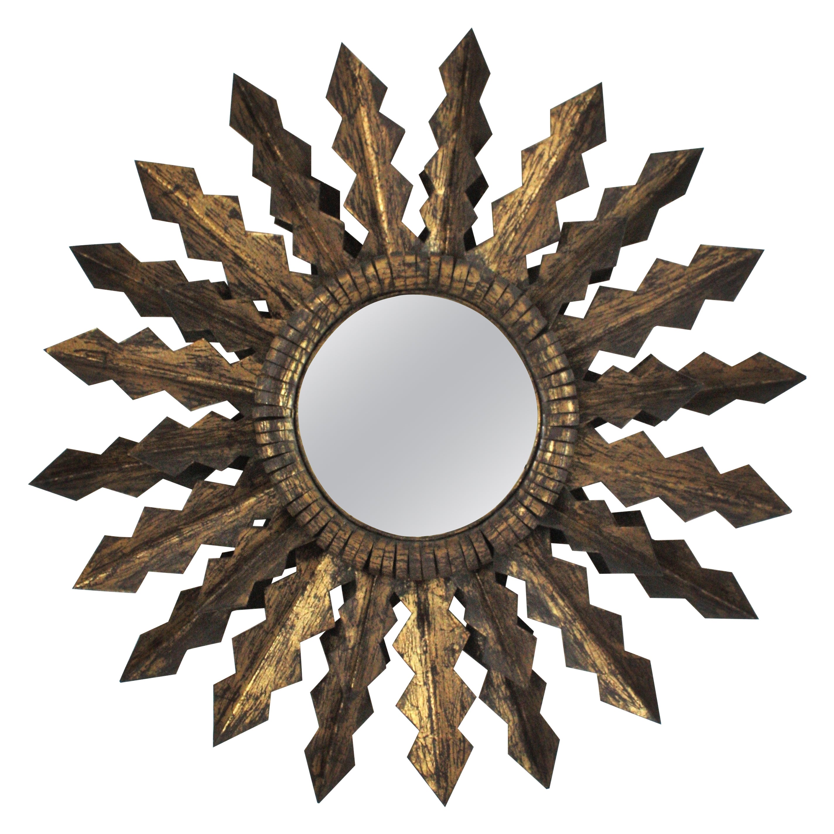 Brutalist Sunburst Mirror with Double Layered Jagged Frame in Gilt Wrought Iron For Sale