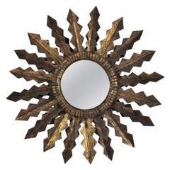 Brutalist Sunburst Mirror with Double Layered Jagged Frame in Gilt Wrought Iron