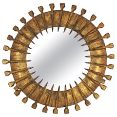 Brutalist Sunburst Mirror with Nails Detail, Gilt Iron, 1950s