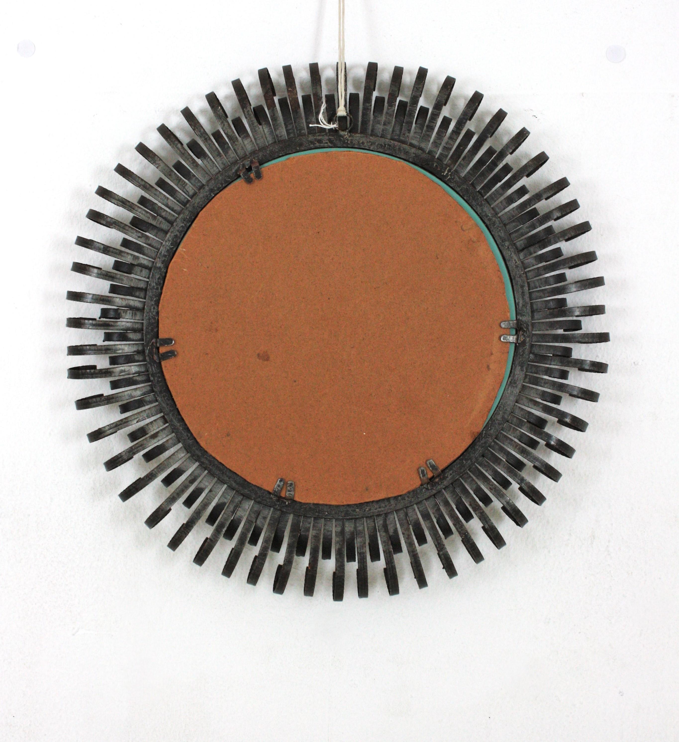 Brutalist Sunburst Mirror with Scroll Endings, Wrought Iron, 1950s en venta 7