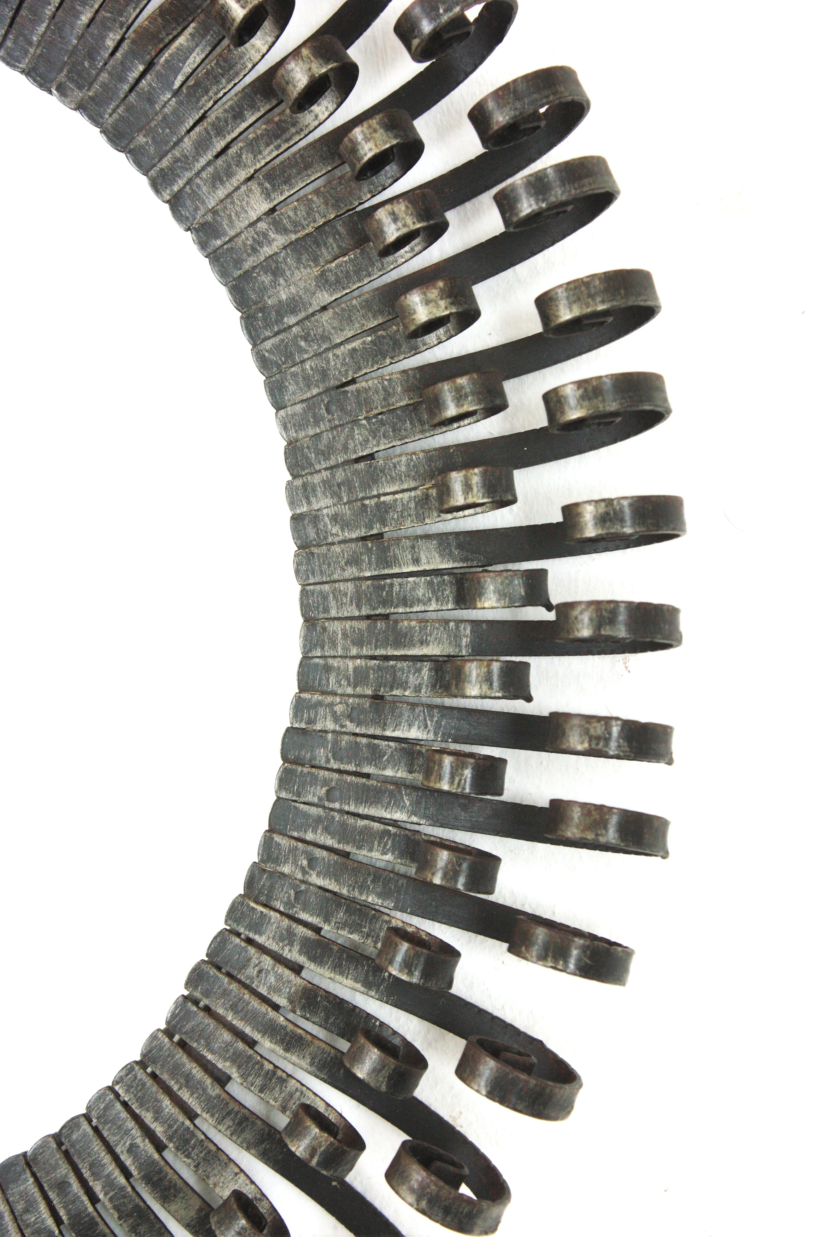 Brutalist Sunburst Mirror with Scroll Endings, Wrought Iron, 1950s en venta 1