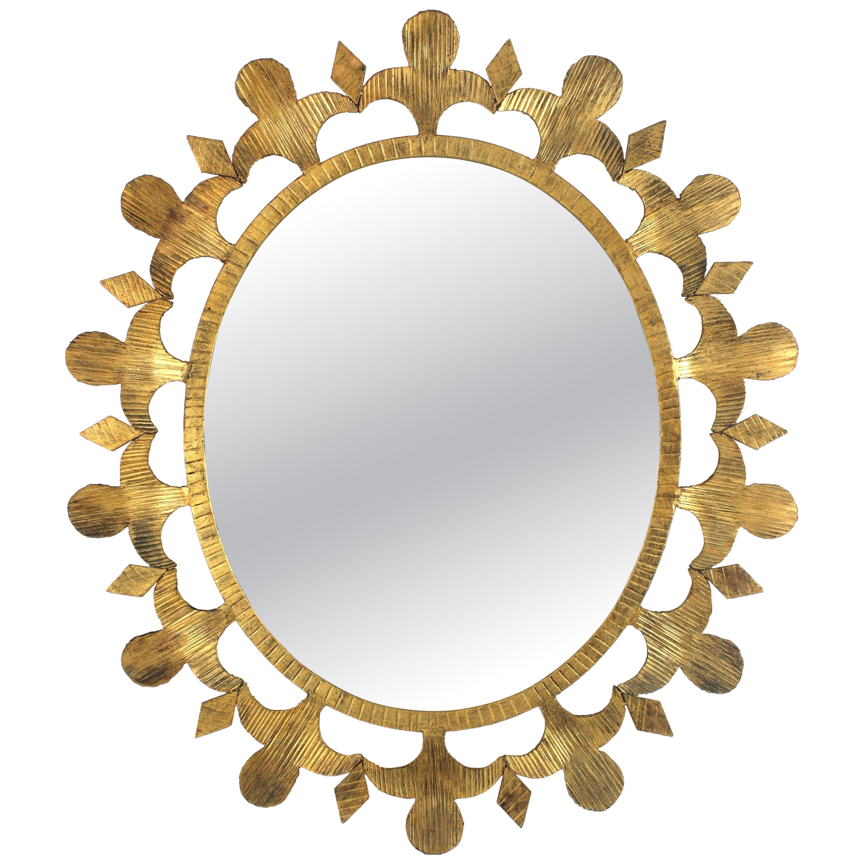 Brutalist Sunburst Oval Mirror in Gilt Wrought Iron, 1950's For Sale