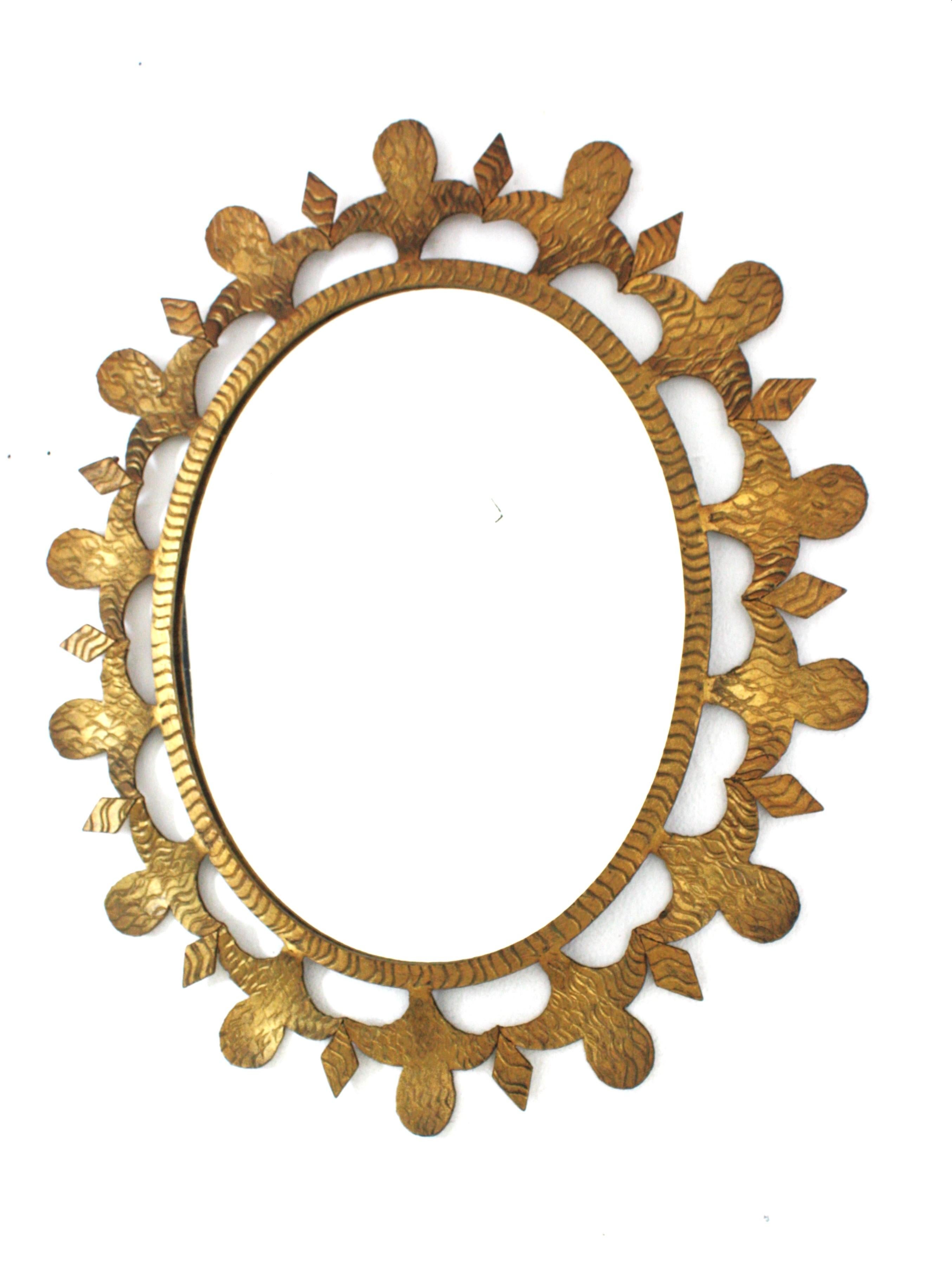 Gold Leaf Brutalist Sunburst Oval Mirror in Gilt Wrought Iron