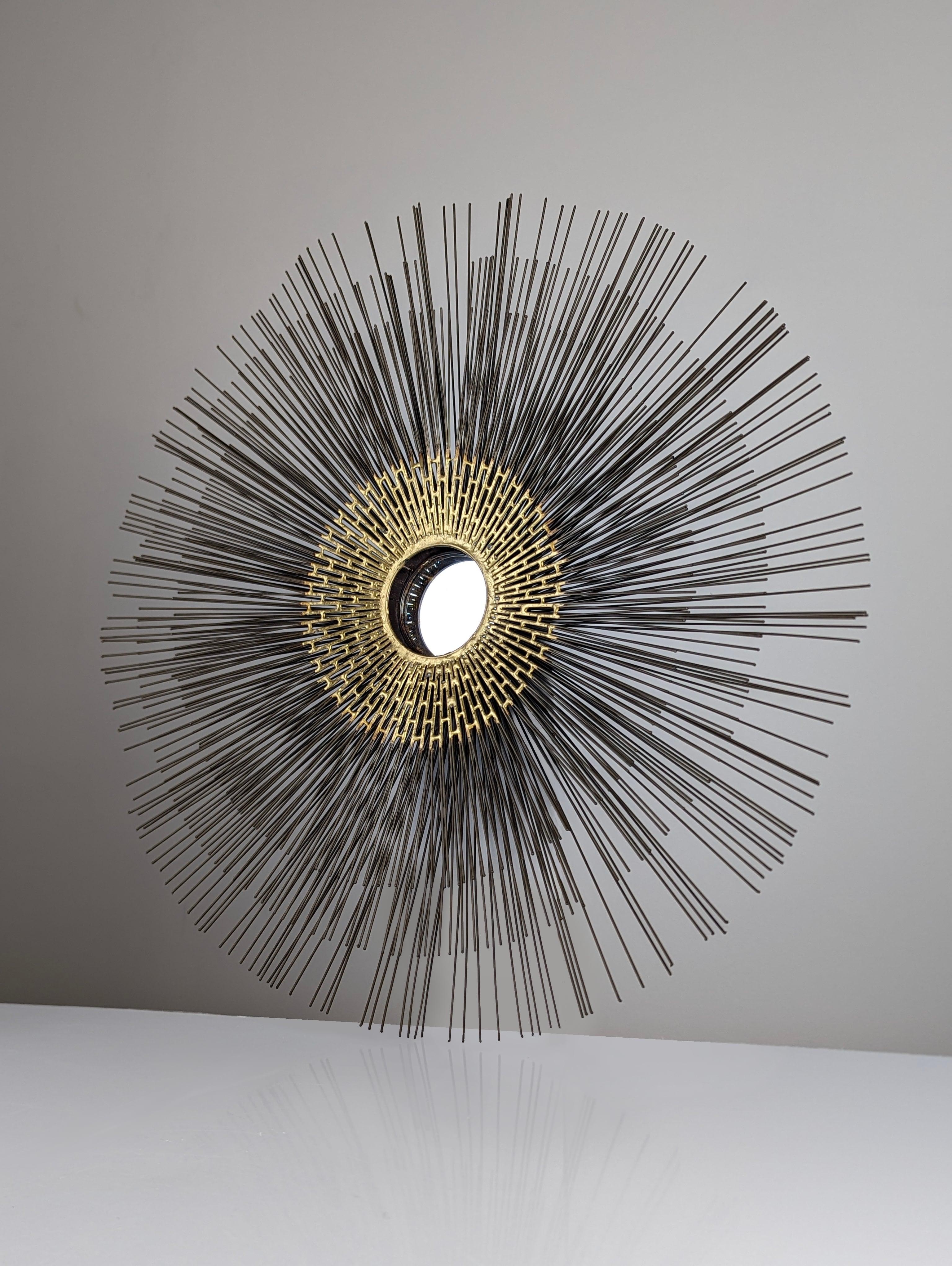 American Brutalist Sunburst Wall Sculpture Mirror by William Friedle, 1970s