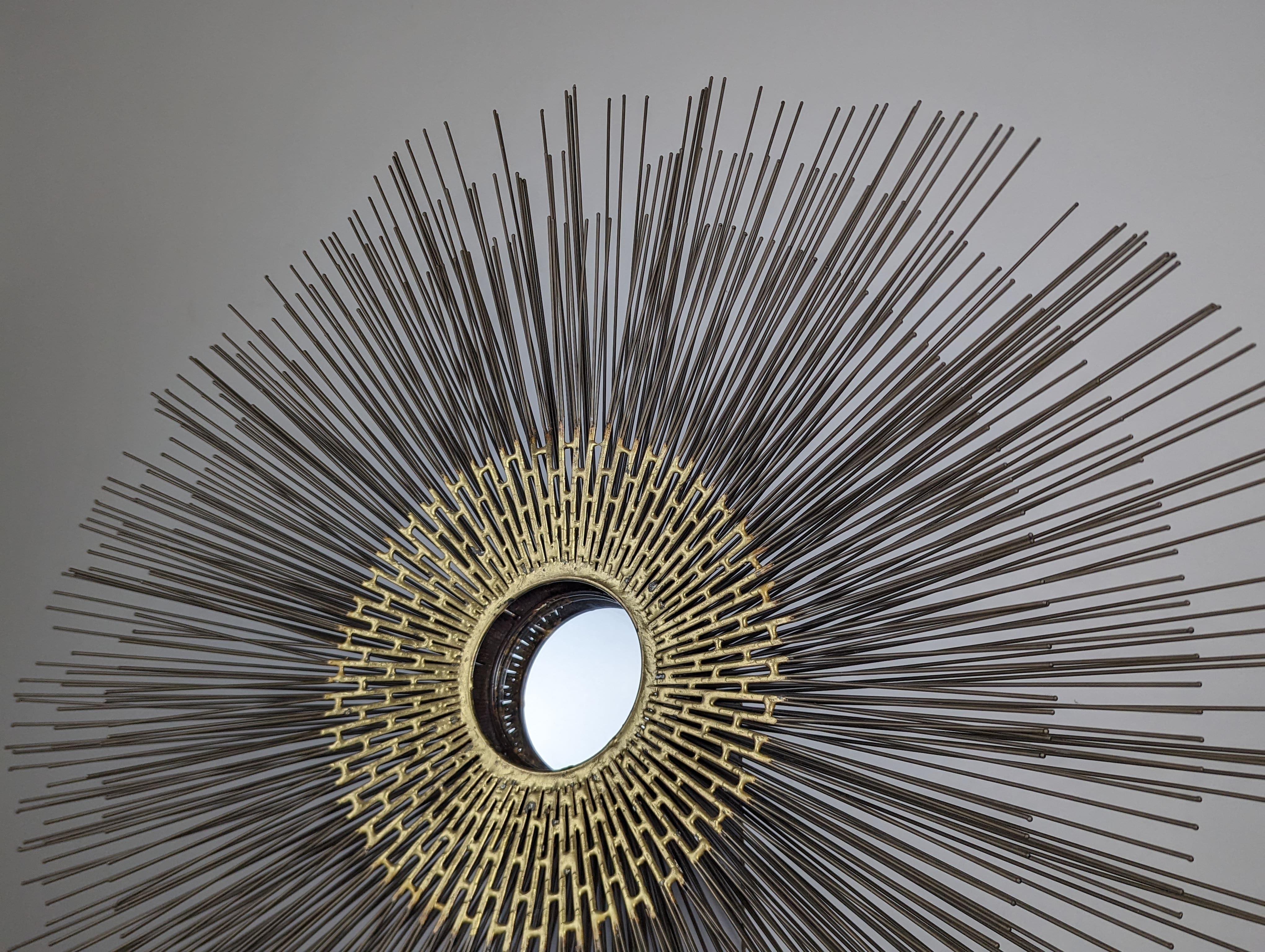Metal Brutalist Sunburst Wall Sculpture Mirror by William Friedle, 1970s