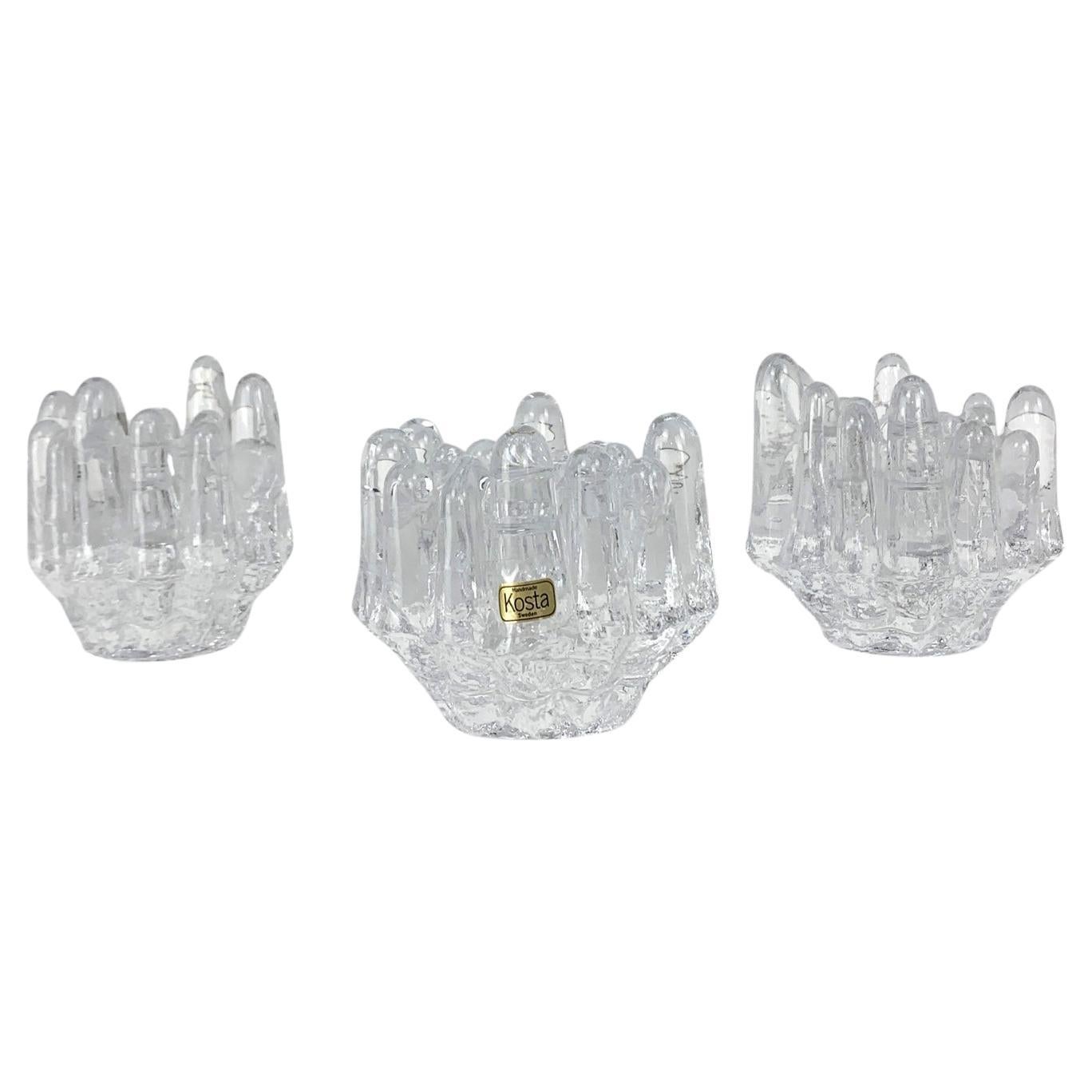 Bougeoirs en verre tournesol brutalistes 3x, Göran Wärff, Kosta Boda Suède 1970