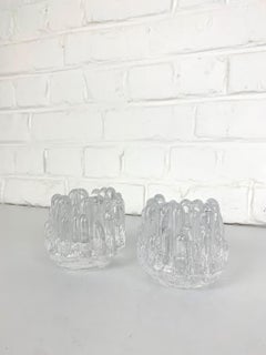 Pareja de candelabros de cristal Brutalistas Girasol, Göran Wärff, Kosta Boda Suecia 1970